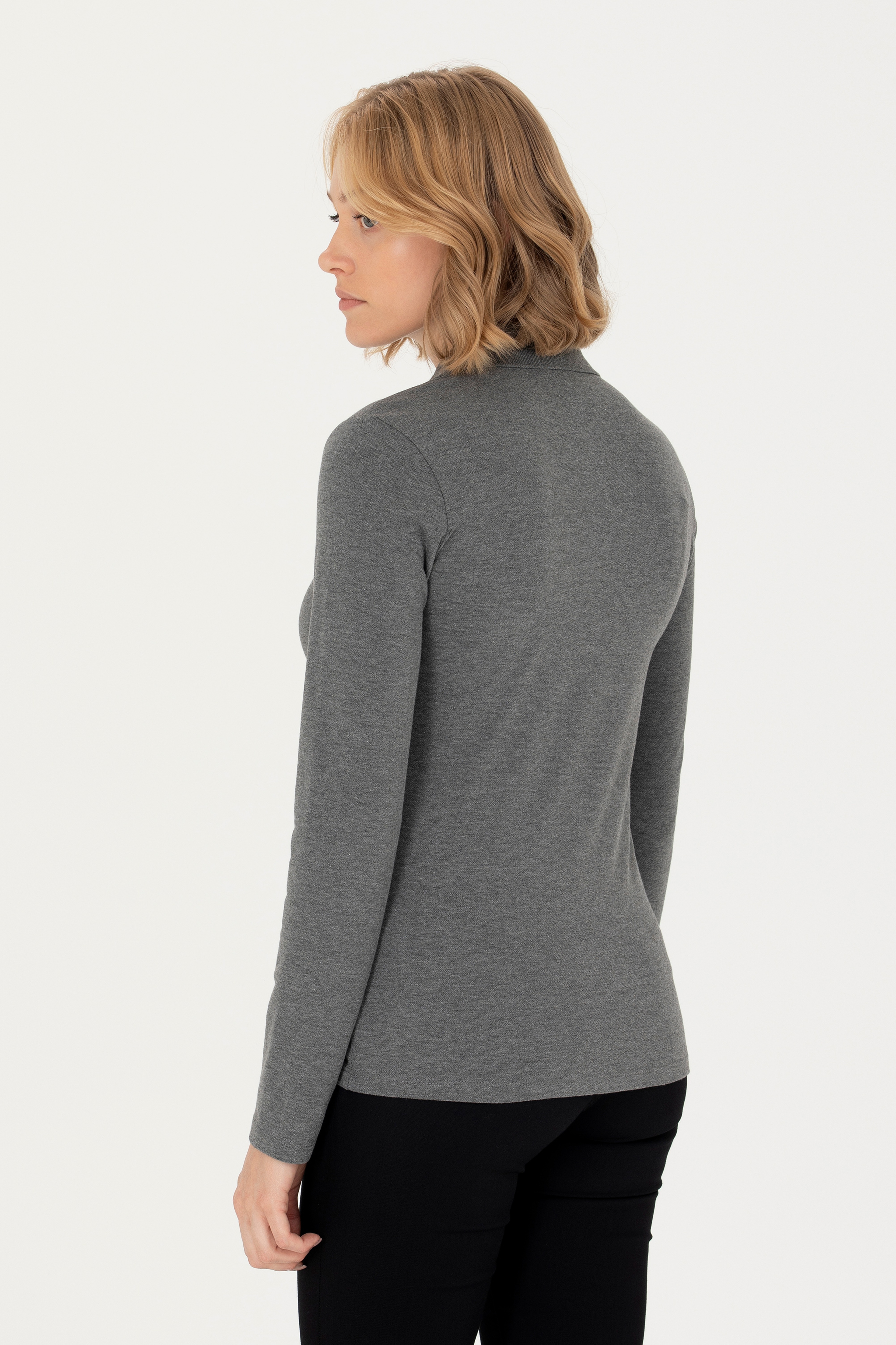 Kadın Antrasit Melanj Basic Polo Yaka Sweatshirt