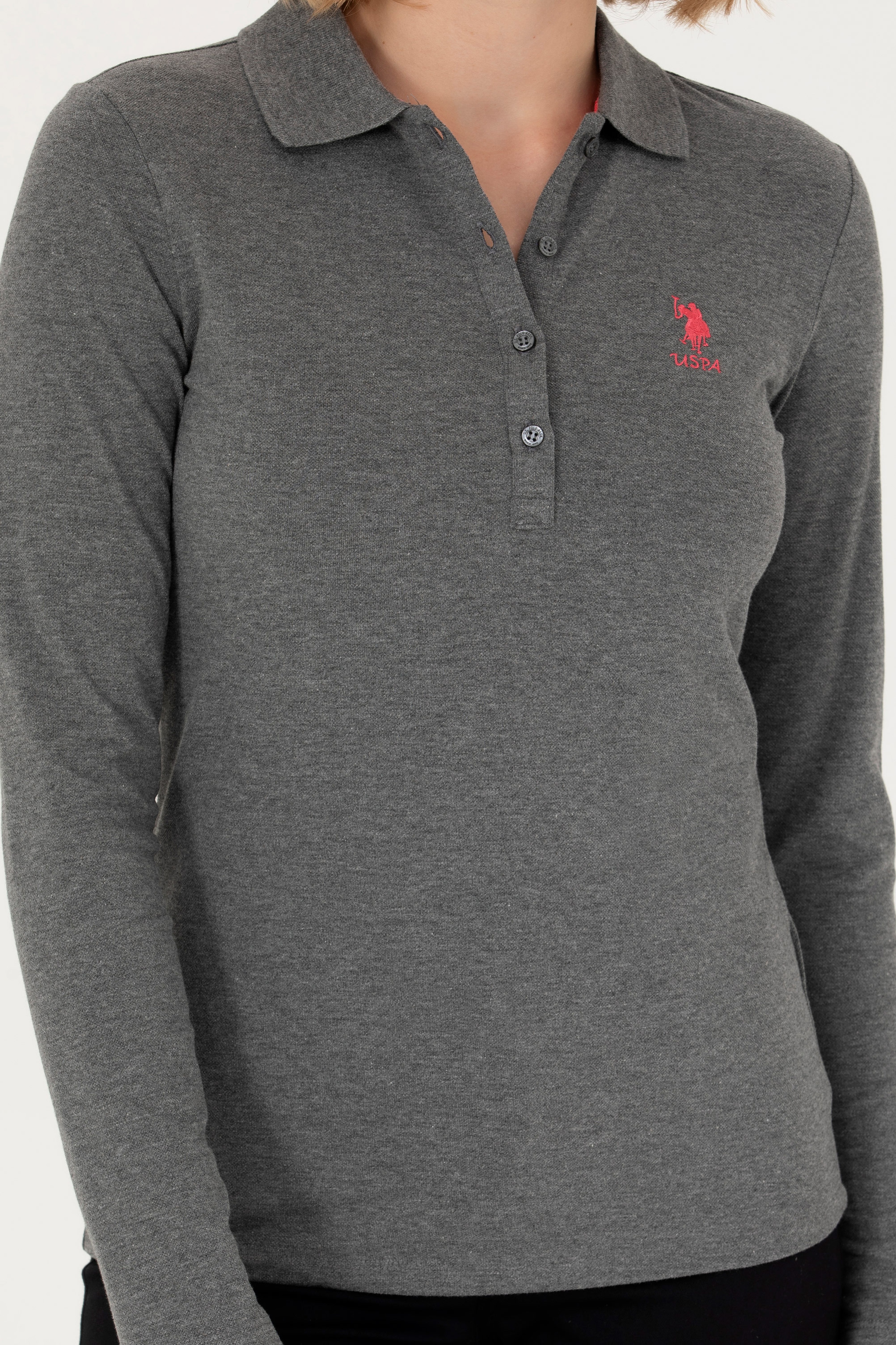 Kadın Antrasit Melanj Basic Polo Yaka Sweatshirt