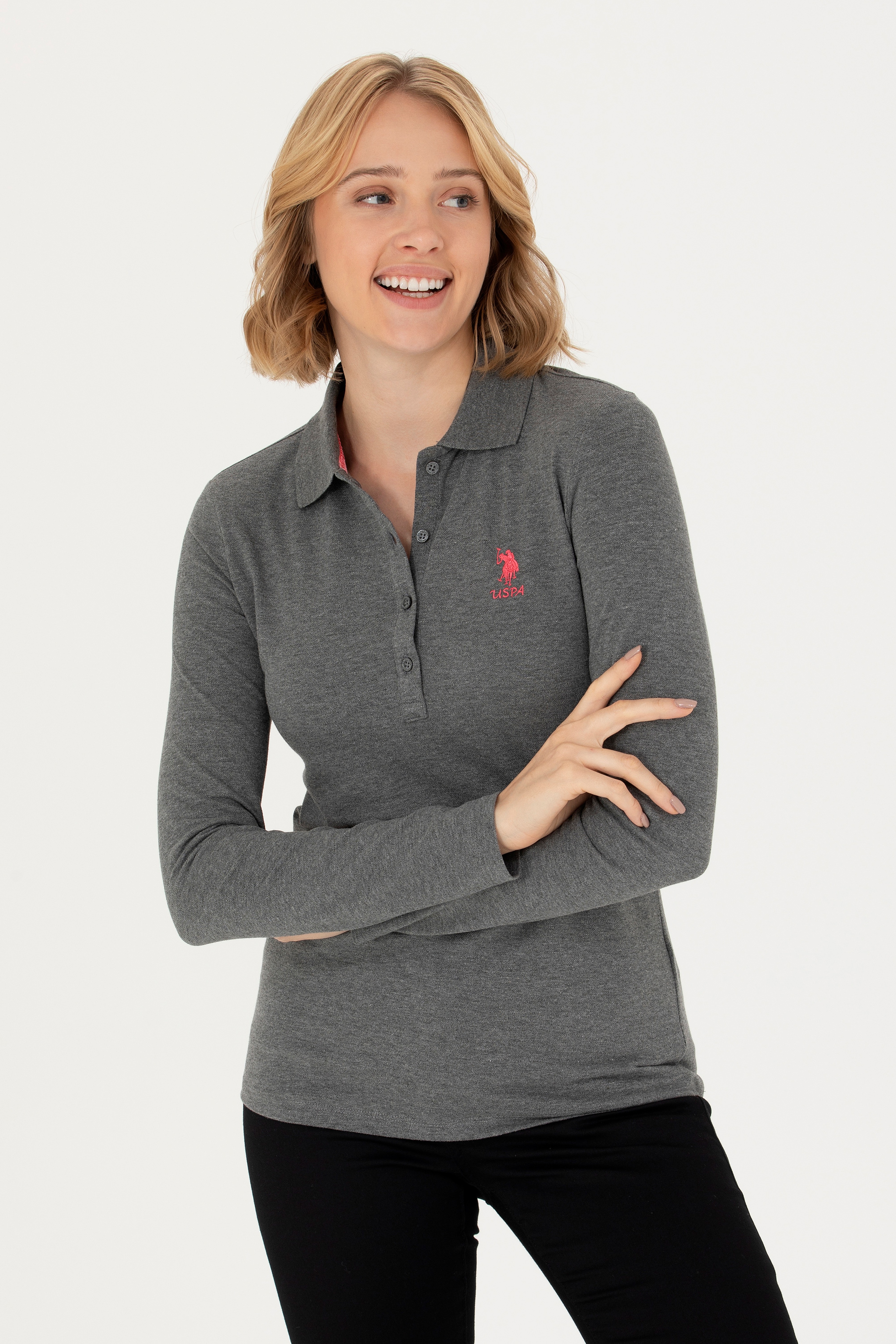 Kadın Antrasit Melanj Basic Polo Yaka Sweatshirt
