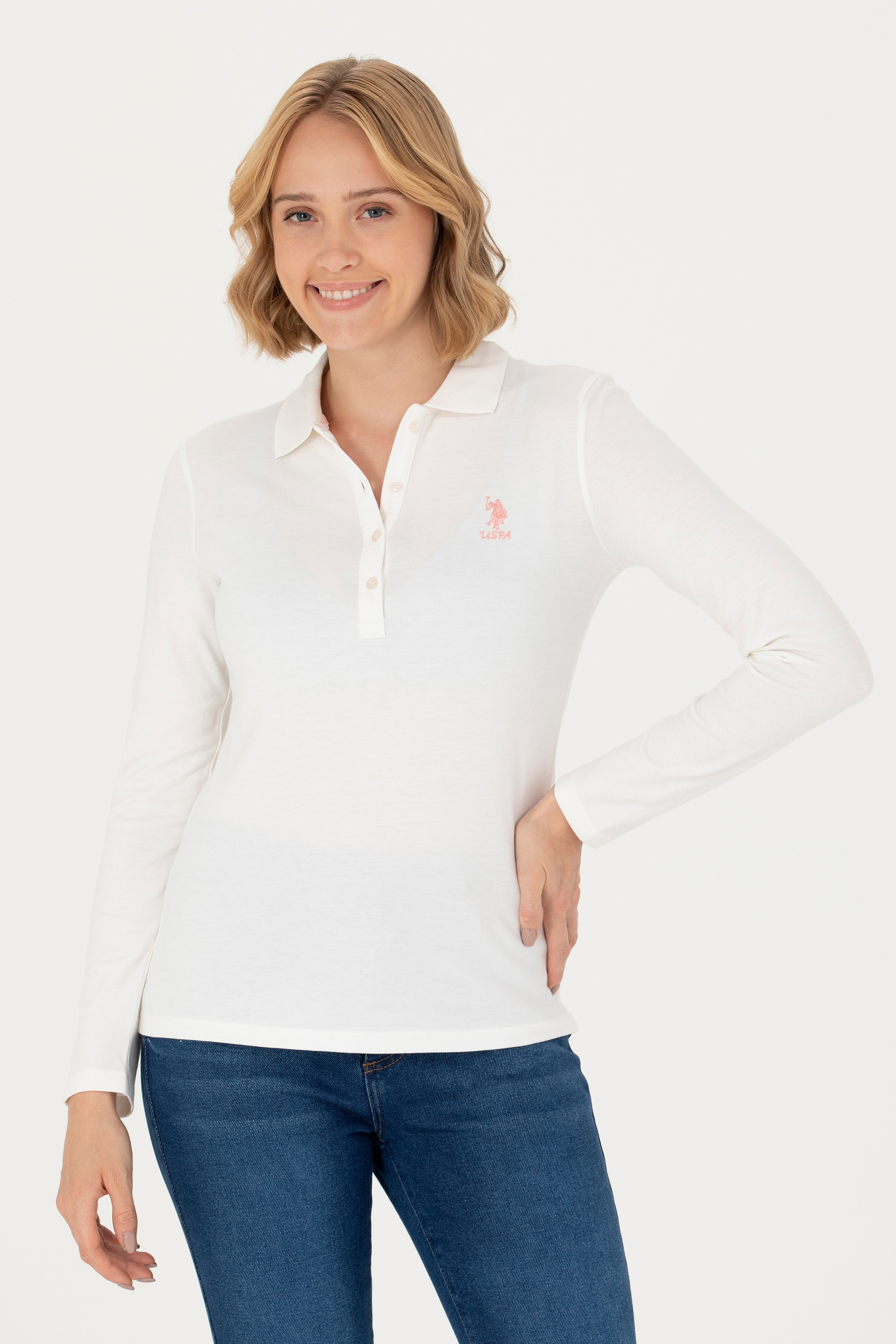 Kadın Ekru Basic Polo Yaka Sweatshirt
