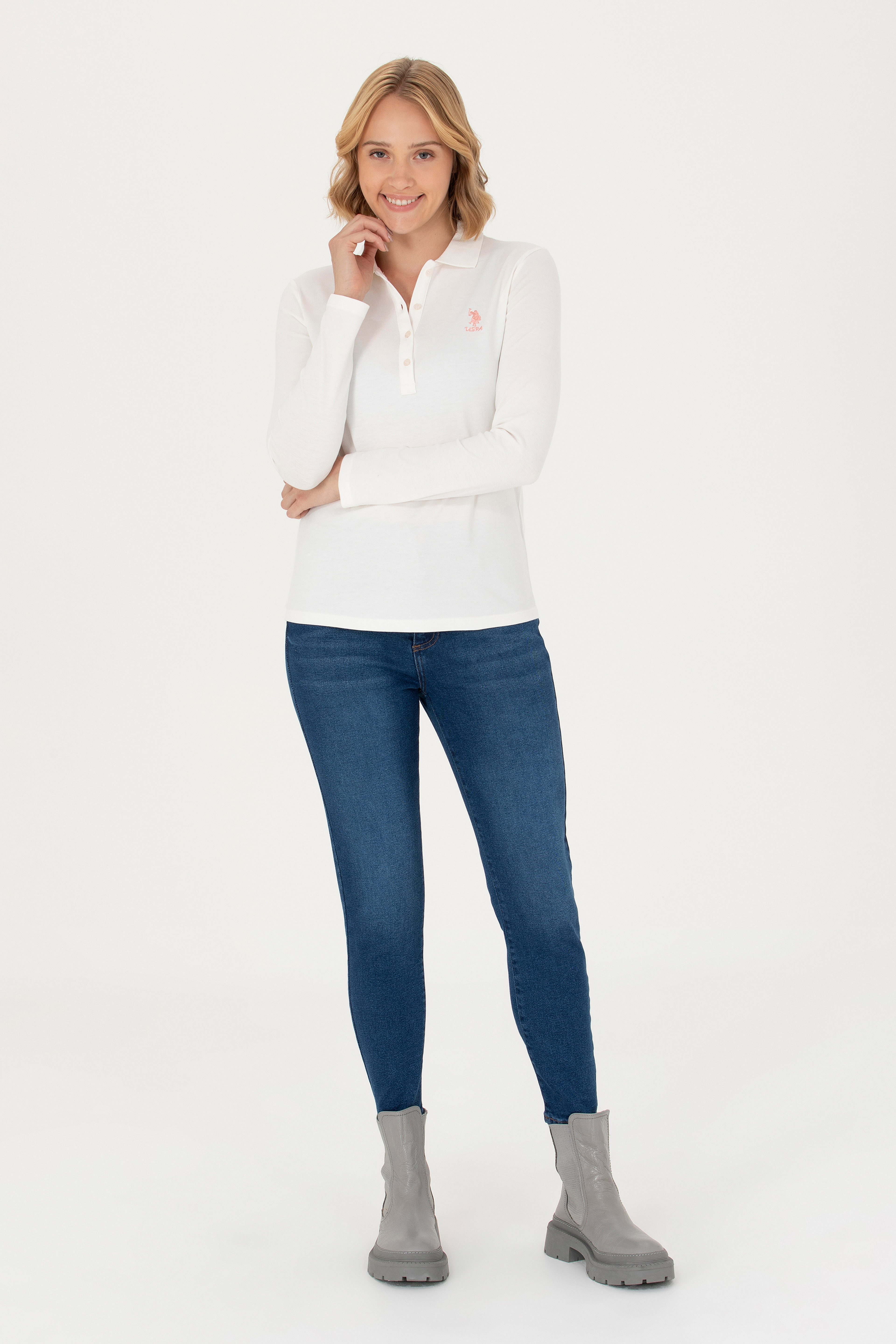 Kadın Ekru Basic Polo Yaka Sweatshirt