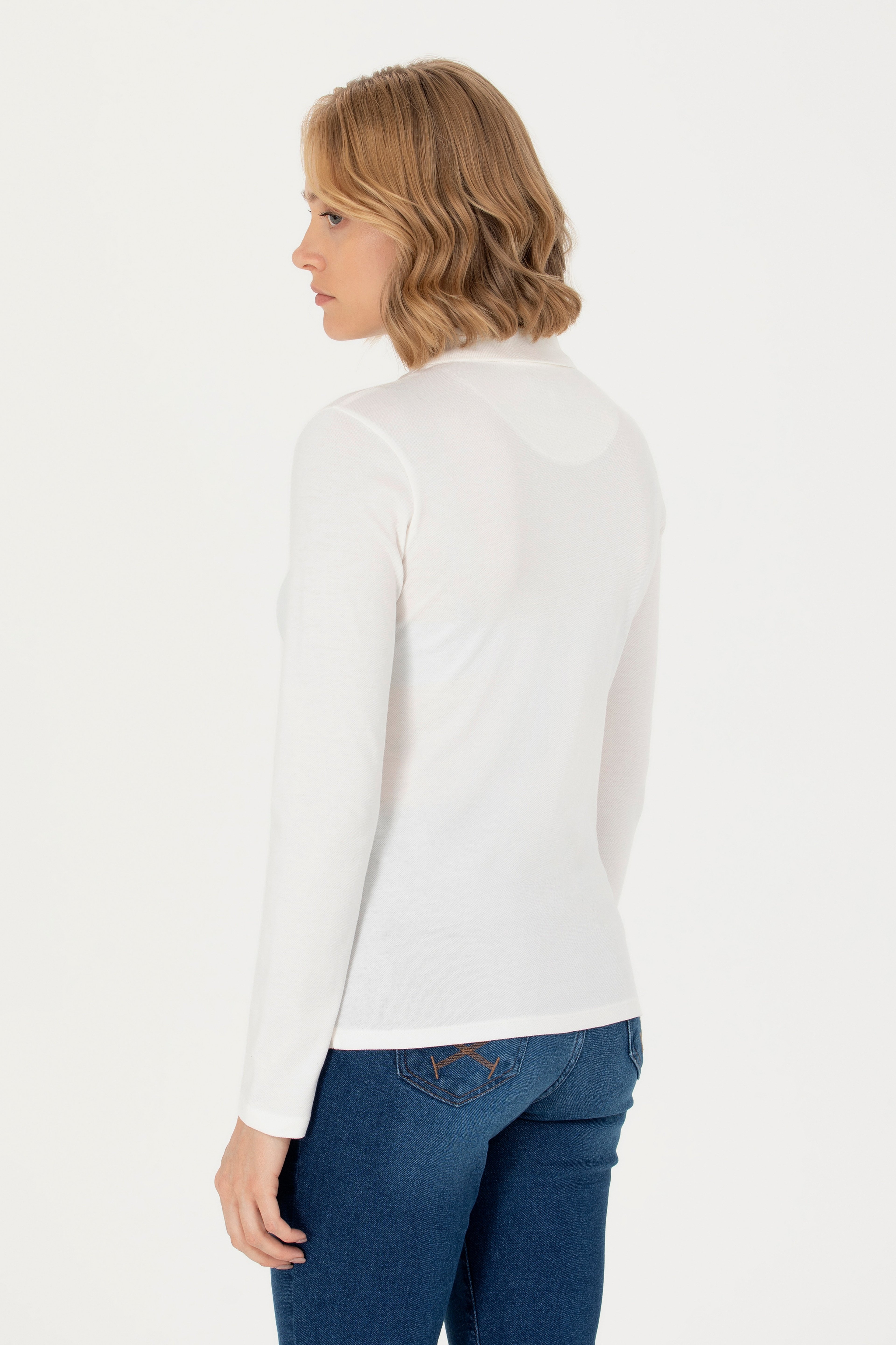 Kadın Ekru Basic Polo Yaka Sweatshirt - Image 5