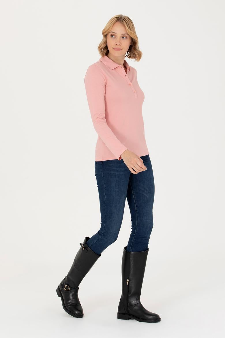 Kadın Pudra Basic Polo Yaka Sweatshirt - 50276160053