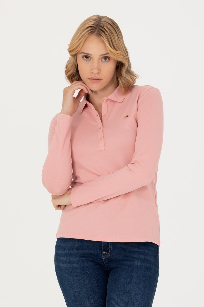 Kadın Pudra Basic Polo Yaka Sweatshirt
