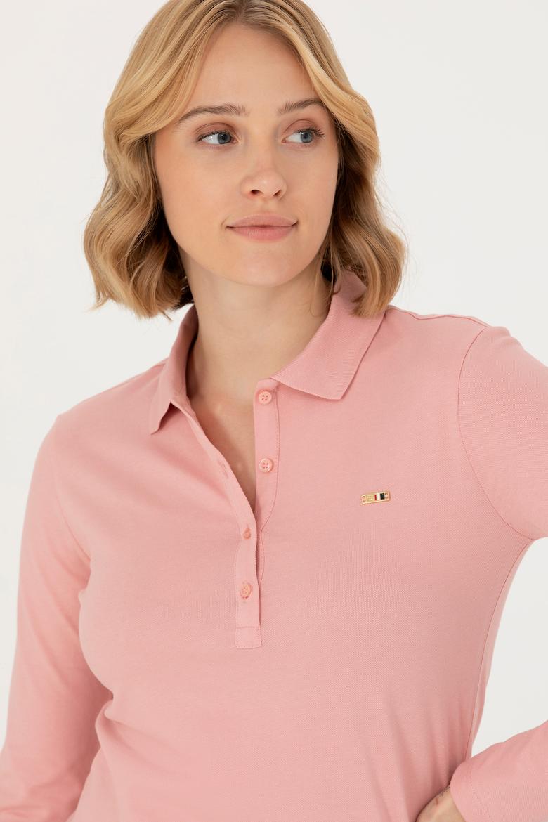 Kadın Pudra Basic Polo Yaka Sweatshirt - 50276160053