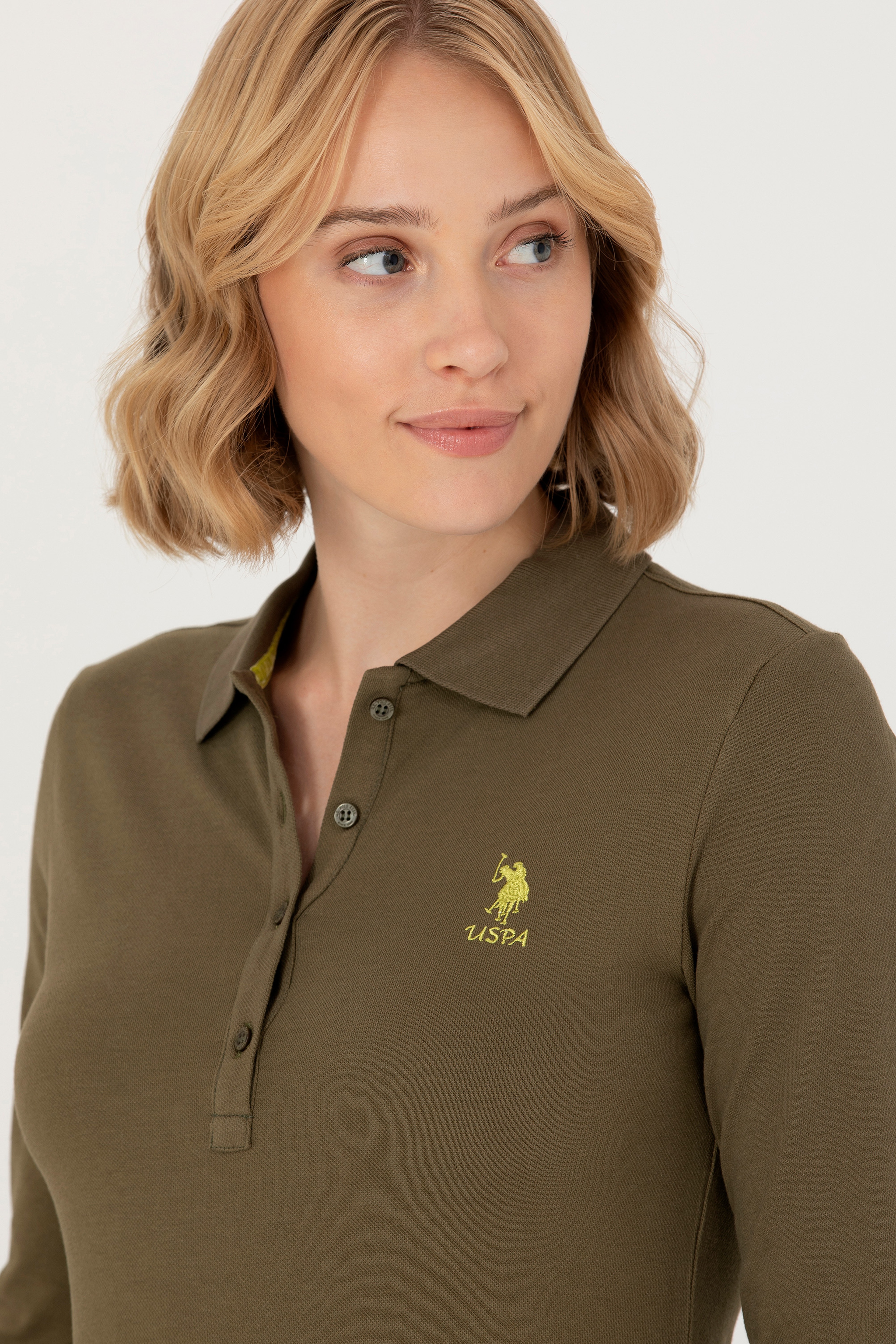 Kadın Haki Basic Polo Yaka Sweatshirt - Image 2