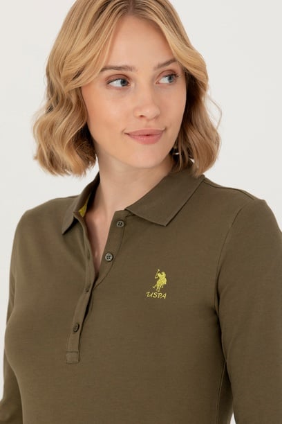 Kadın Haki Basic Polo Yaka Sweatshirt