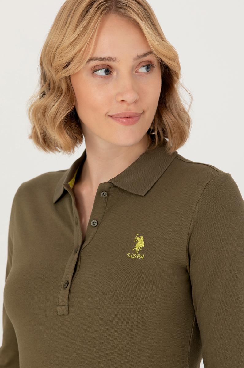 Kadın Haki Basic Polo Yaka Sweatshirt