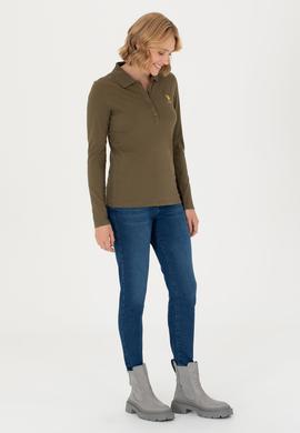 Kadın Haki Basic Polo Yaka Sweatshirt - 50271573121