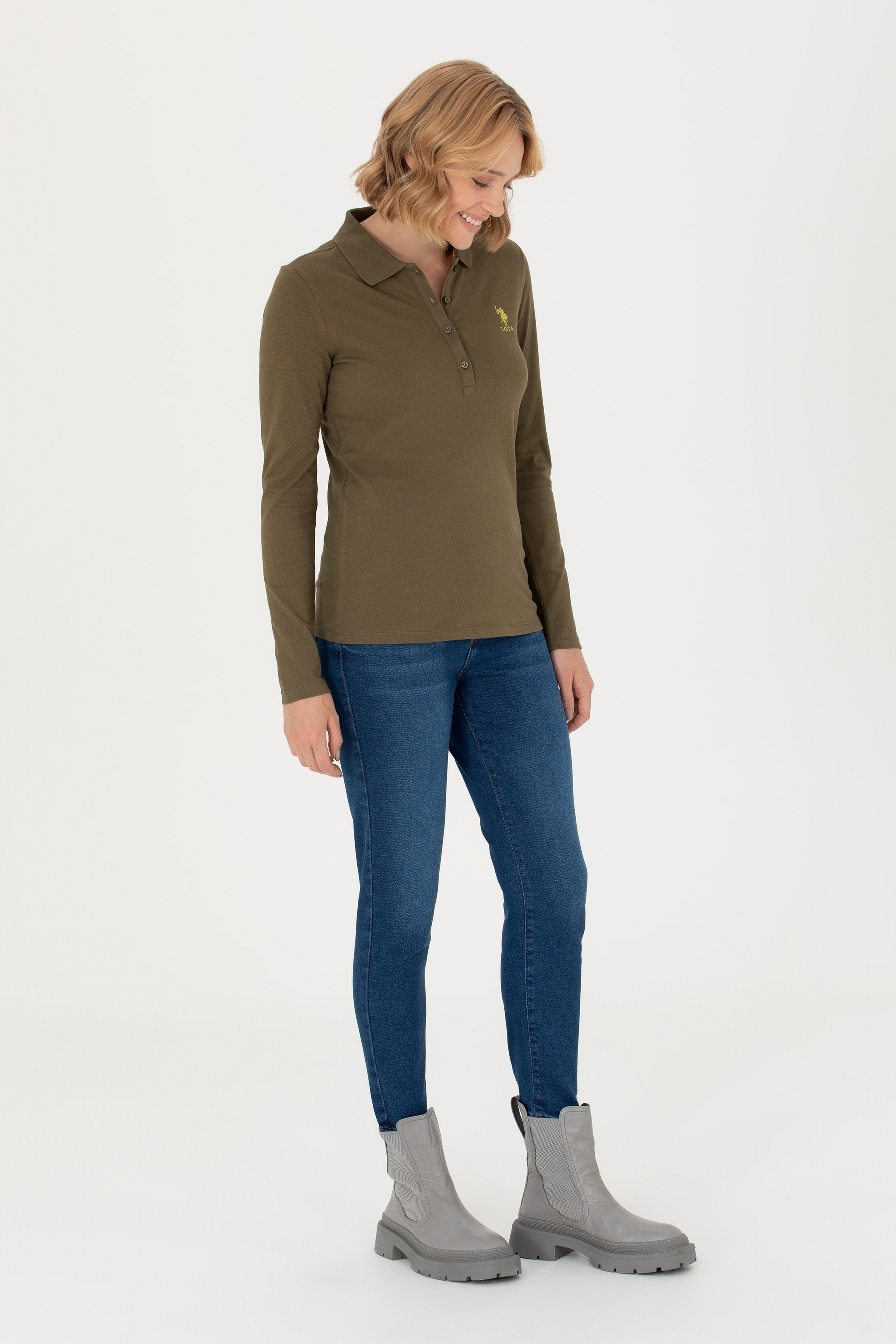 Kadın Haki Basic Polo Yaka Sweatshirt - Image 4
