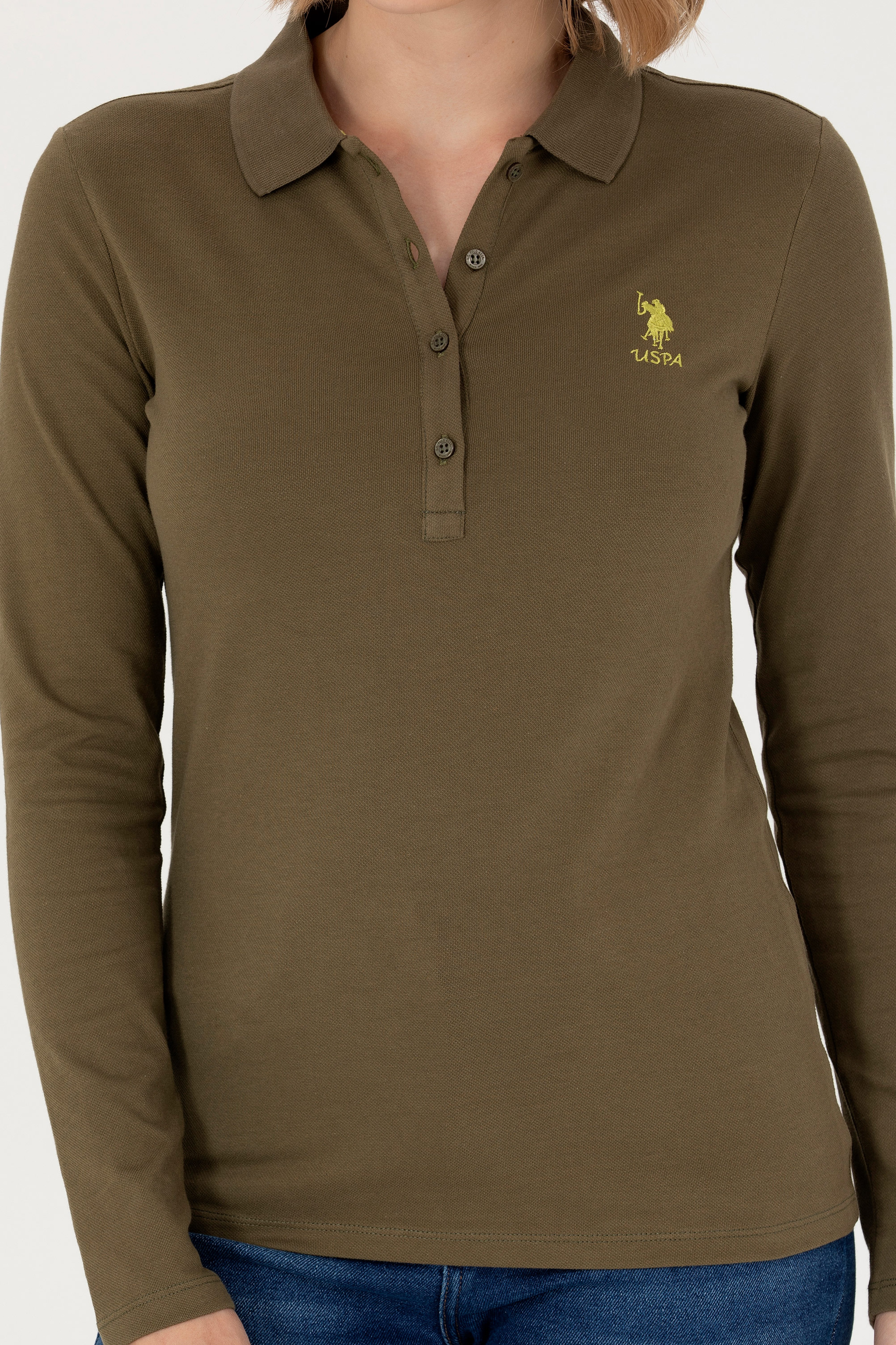 Kadın Haki Basic Polo Yaka Sweatshirt - Image 6