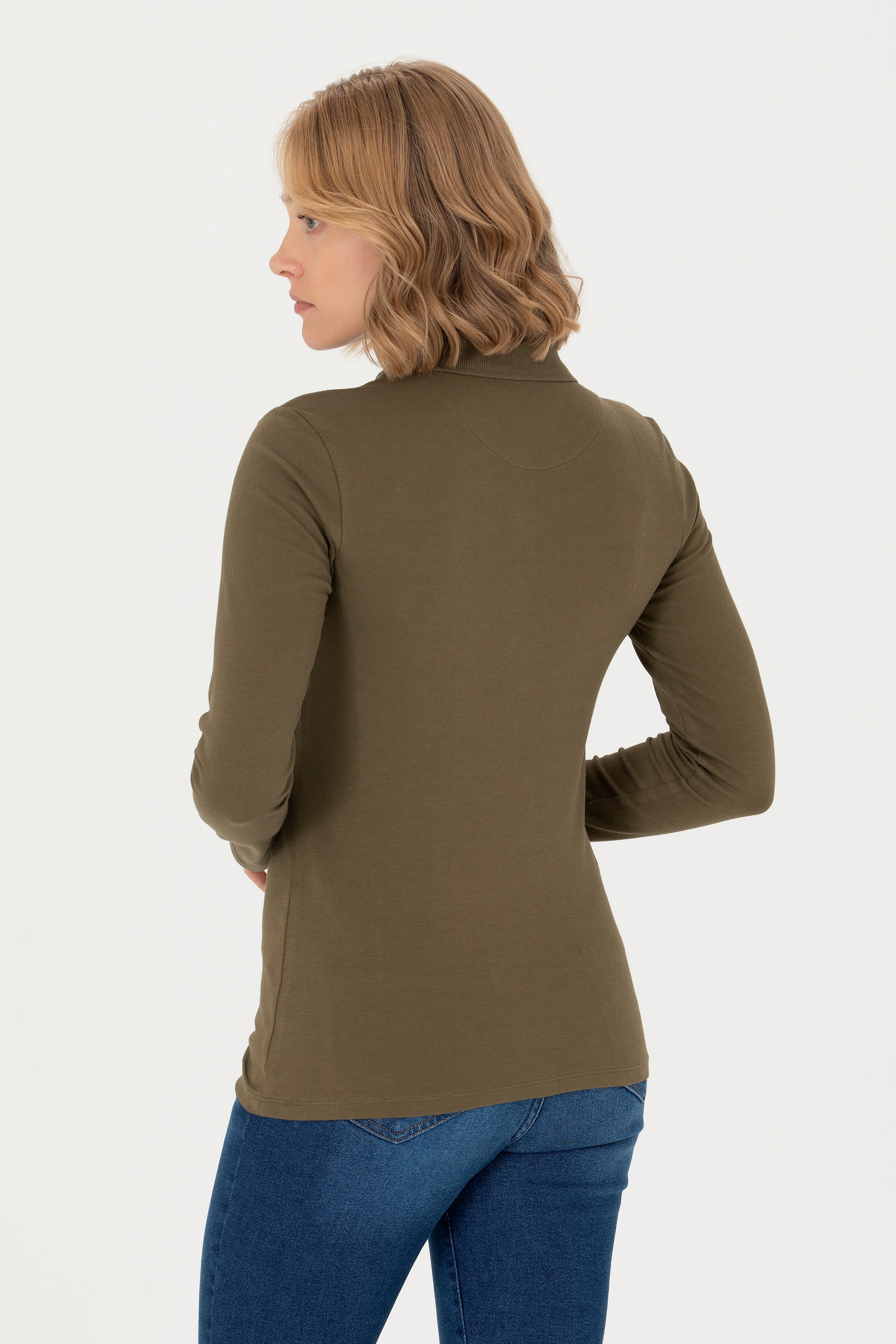 Kadın Haki Basic Polo Yaka Sweatshirt - Image 5