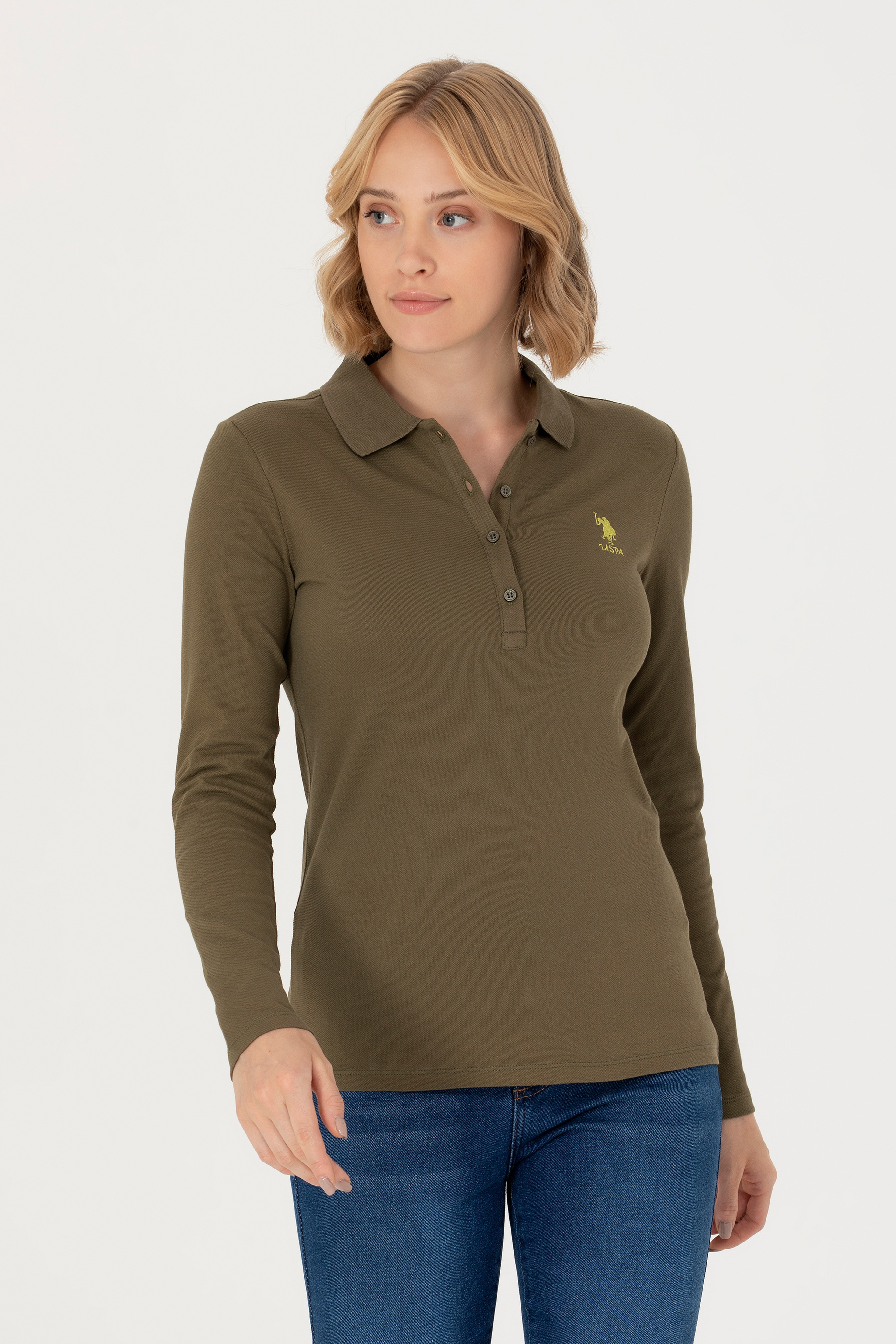Kadın Haki Basic Polo Yaka Sweatshirt