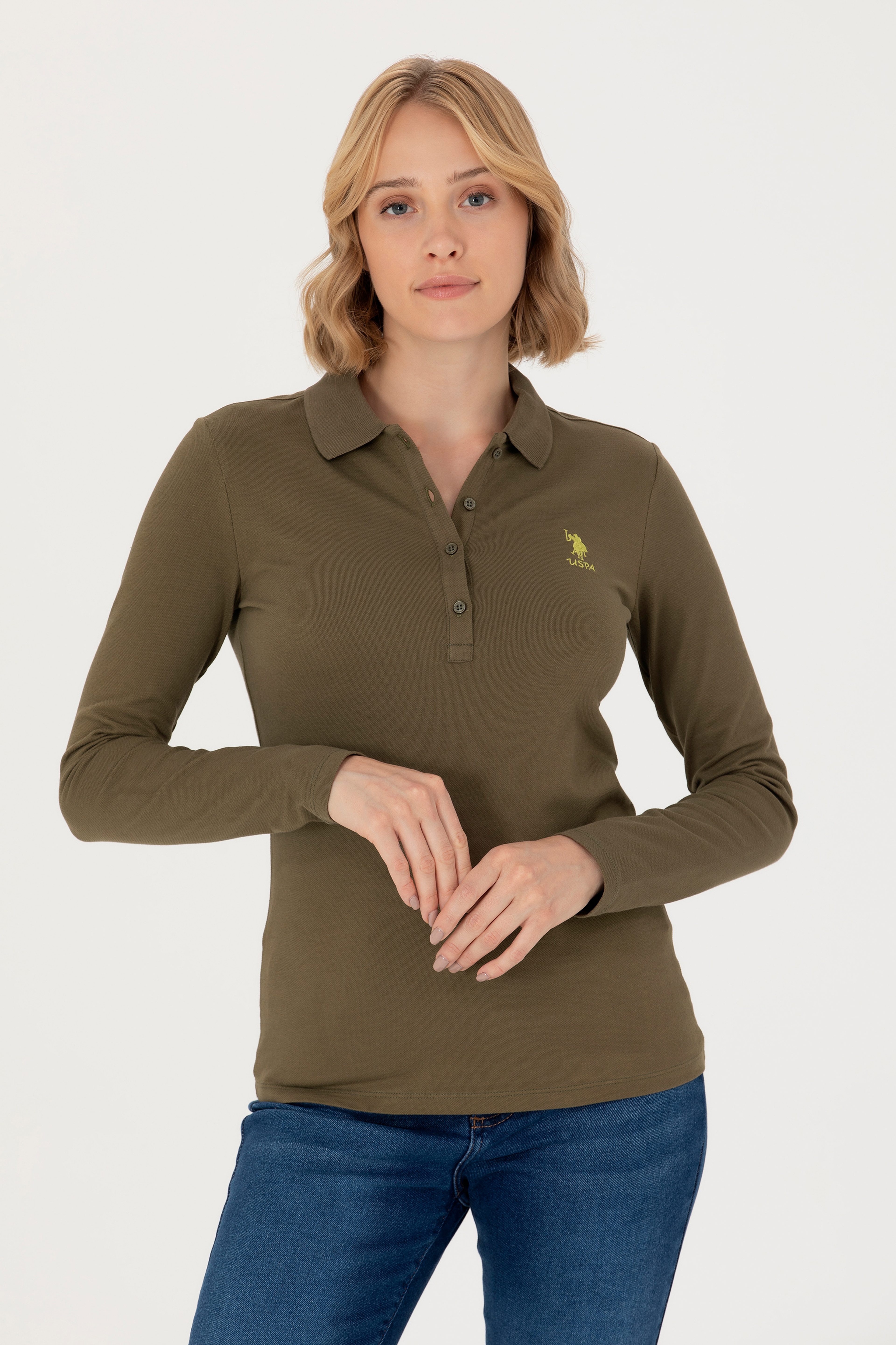Kadın Haki Basic Polo Yaka Sweatshirt - Image 1