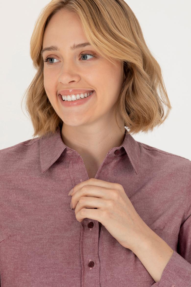 Kadın Bordo Uzun Kollu Basic Gömlek - 50277630043