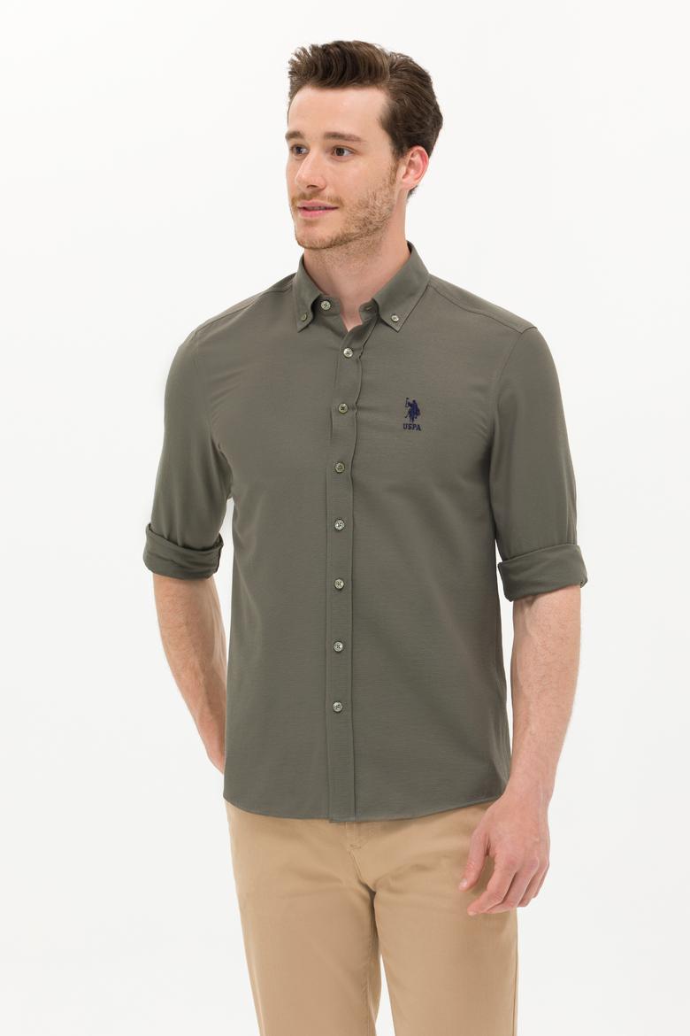 Erkek Koyu Haki Uzun Kollu Basic Gömlek