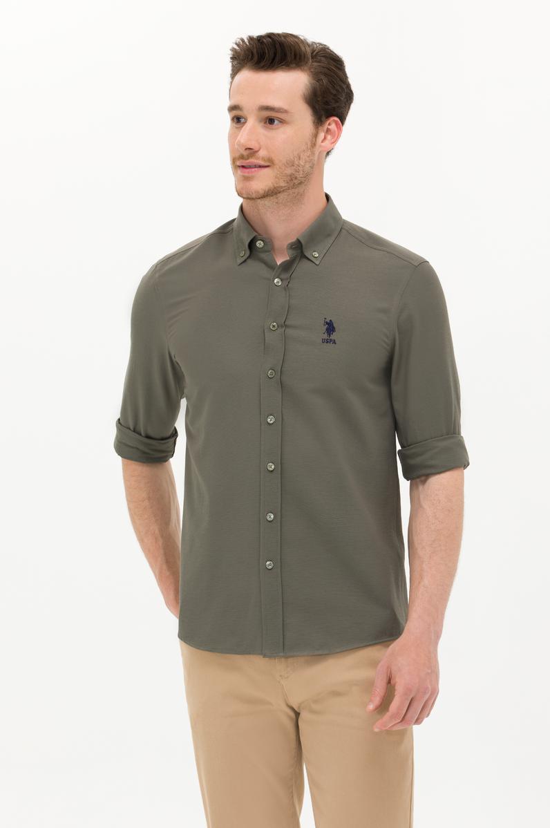 Erkek Koyu Haki Uzun Kollu Basic Gömlek