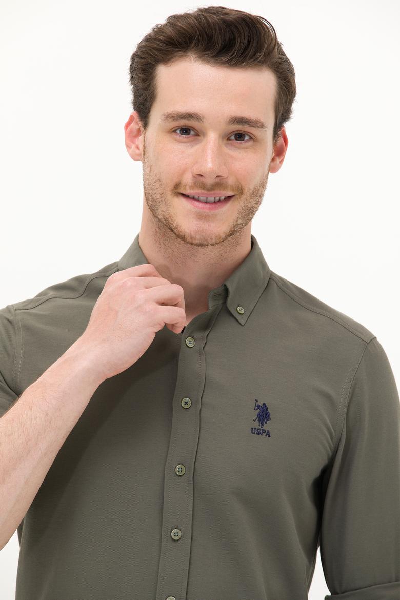 Erkek Koyu Haki Uzun Kollu Basic Gömlek - 50256741063