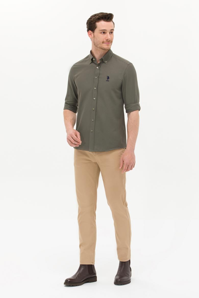 Erkek Koyu Haki Uzun Kollu Basic Gömlek - 50256741063