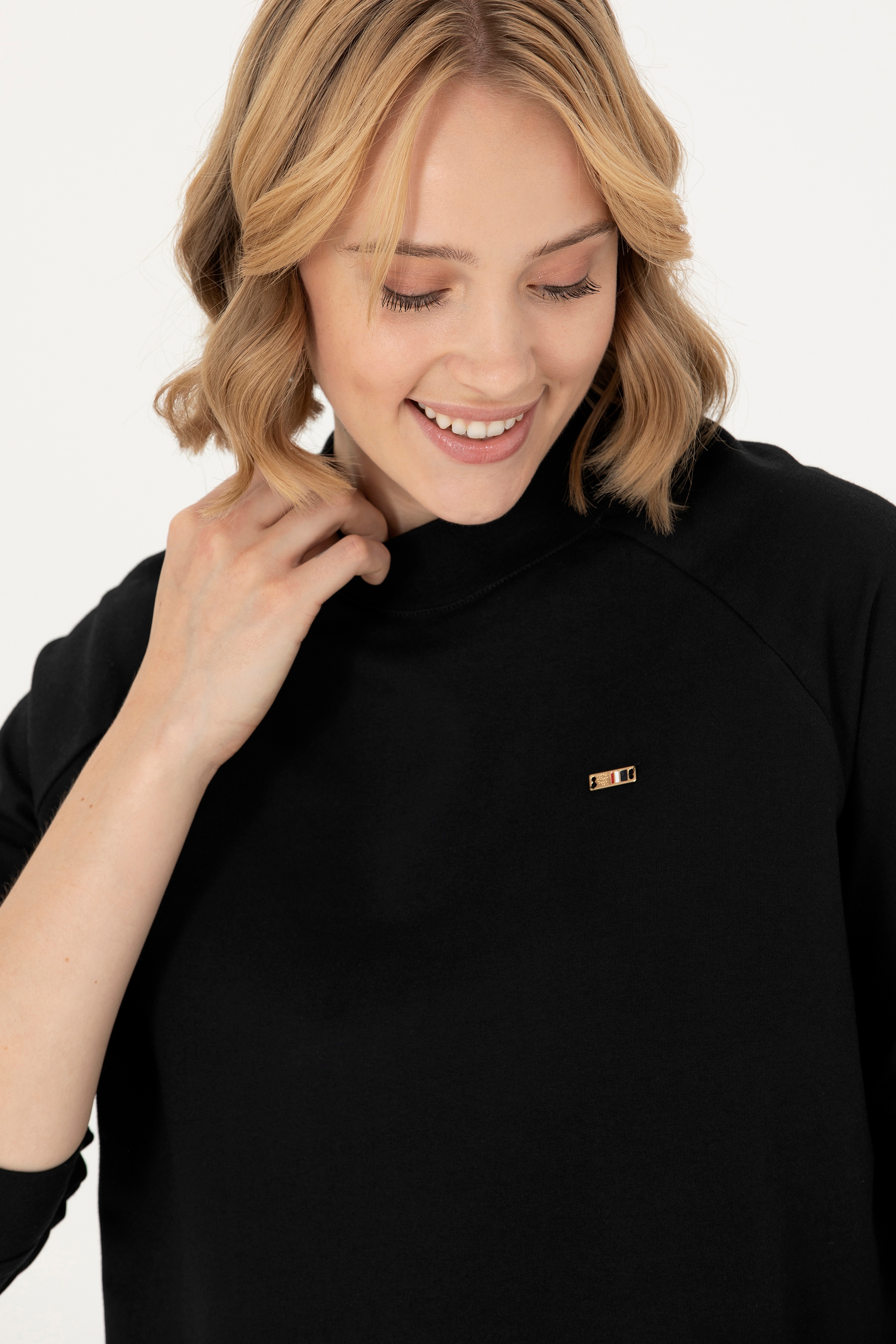 Kadın Siyah Bisiklet Yaka Sweatshirt - Image 2