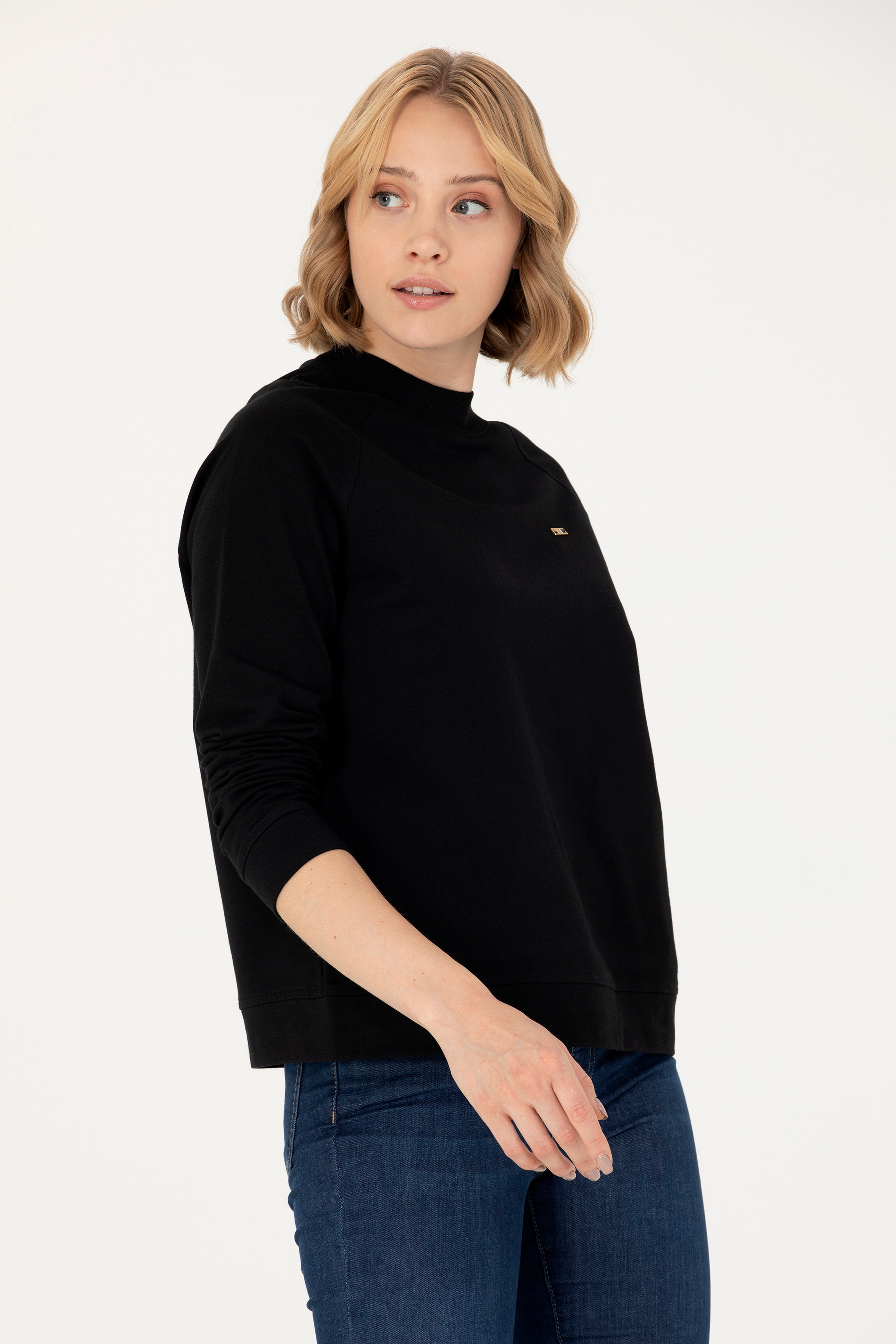 Kadın Siyah Bisiklet Yaka Sweatshirt - Image 3