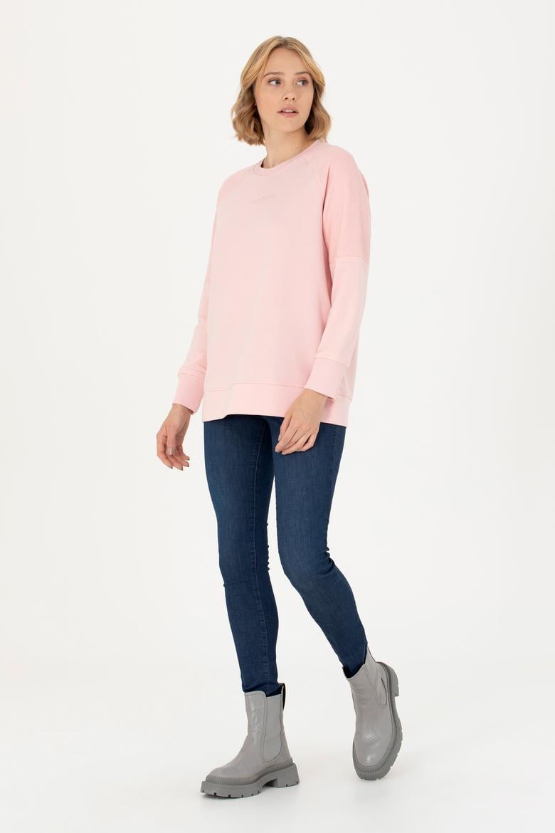Kadın Toz Pembe Bisiklet Yaka Sweatshirt - 50276581030