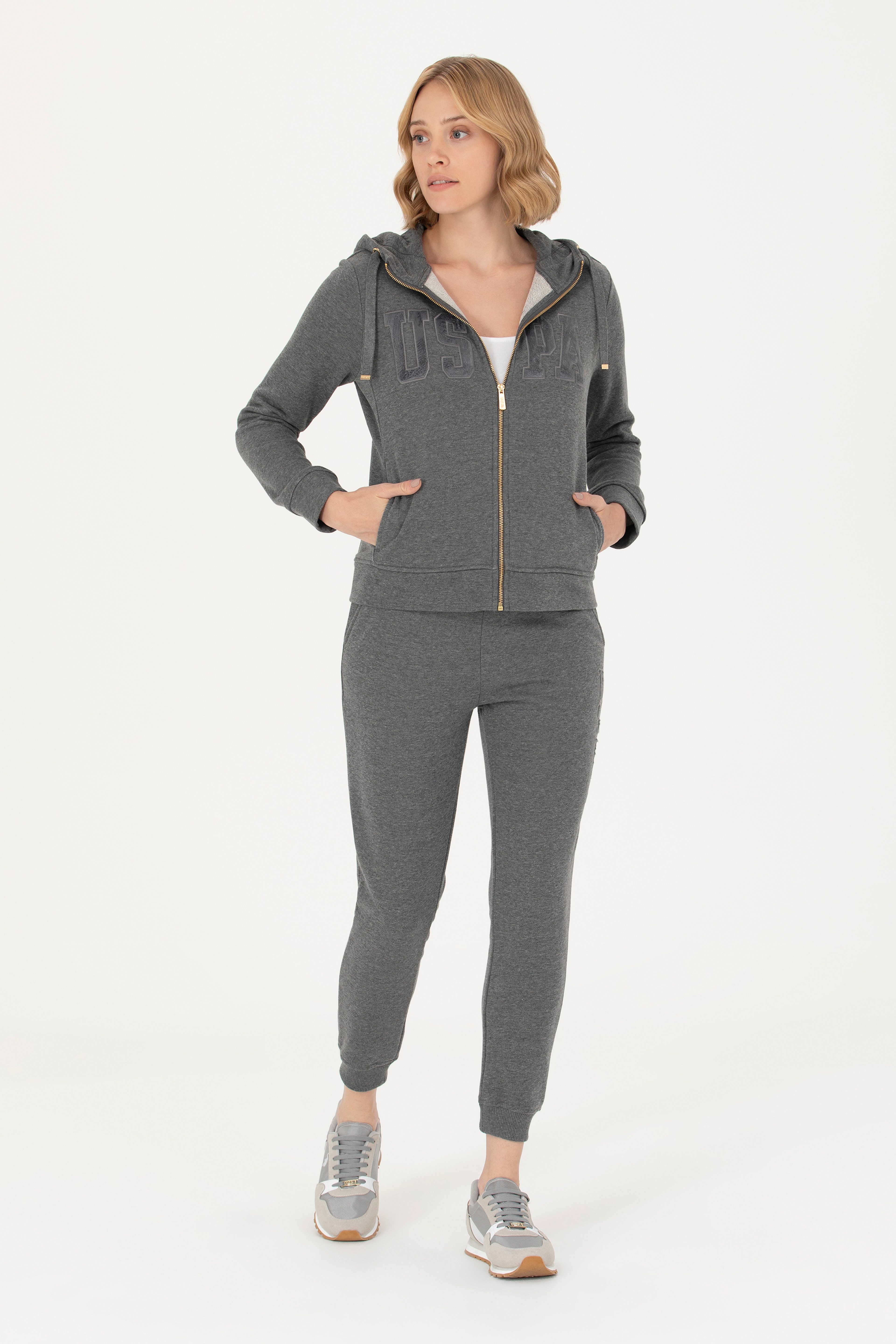 Kadın Antrasit Melanj Kapüşonlu Basic Sweatshirt - Image 4