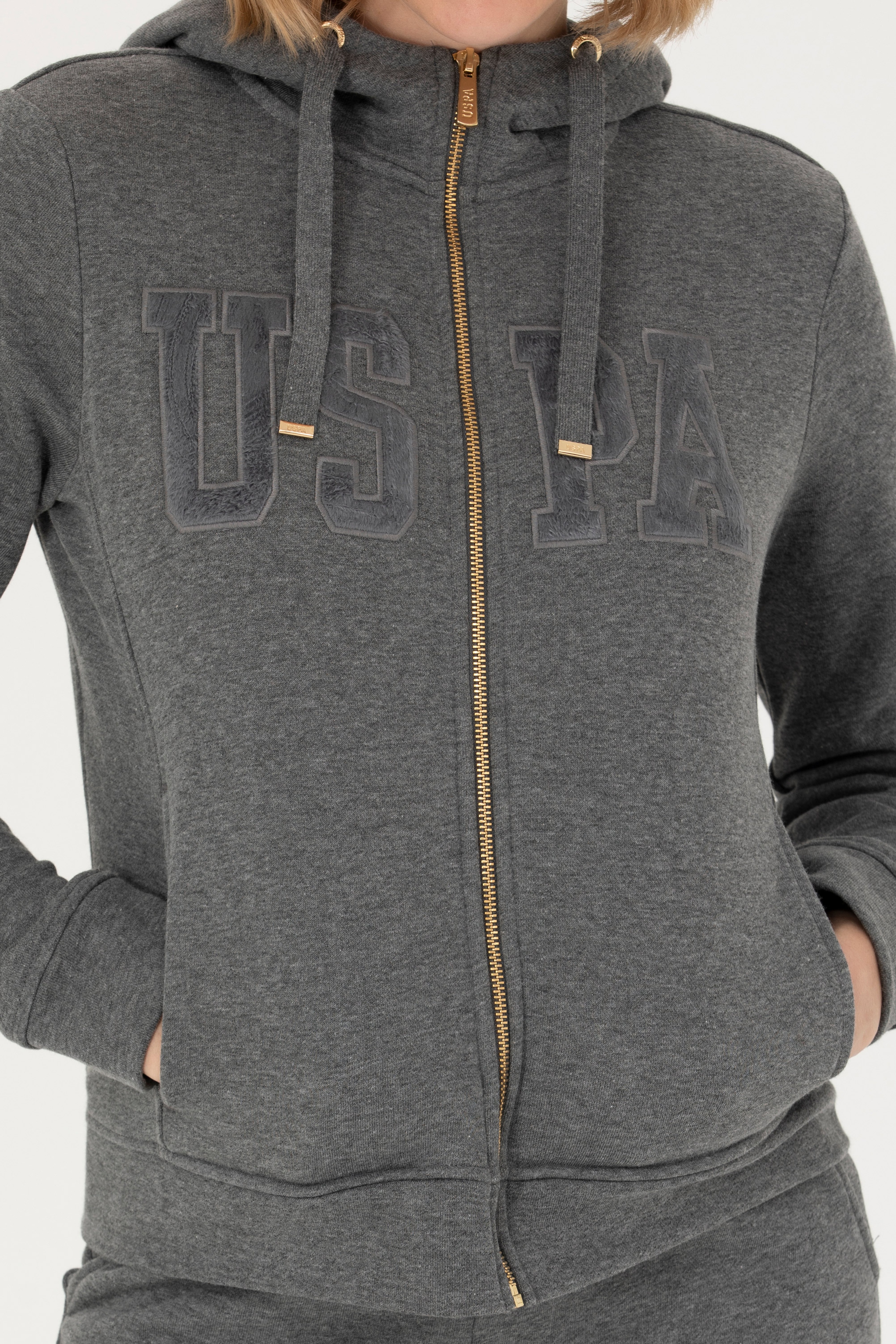 Kadın Antrasit Melanj Kapüşonlu Basic Sweatshirt - Image 6