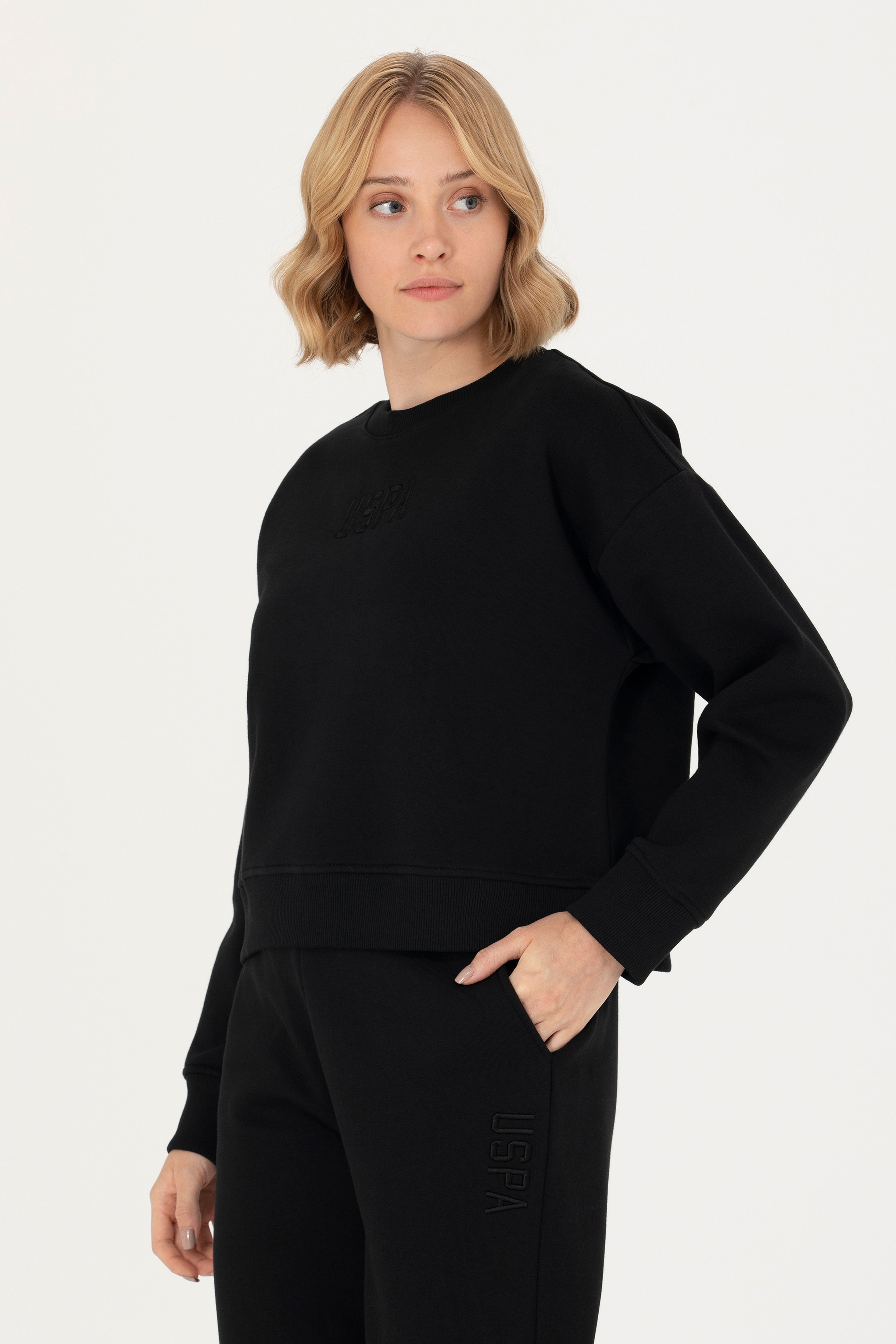 Kadın Siyah Bisiklet Yaka Sweatshirt - Image 3