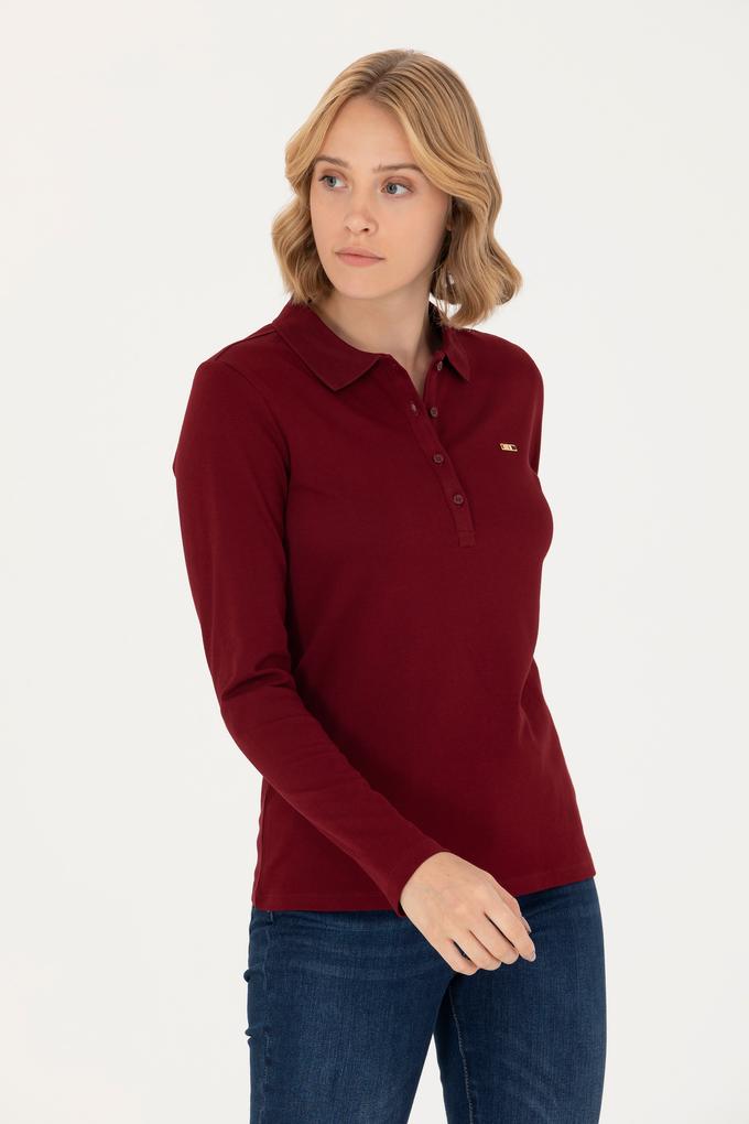 Kadın Bordo Basic Polo Yaka Sweatshirt