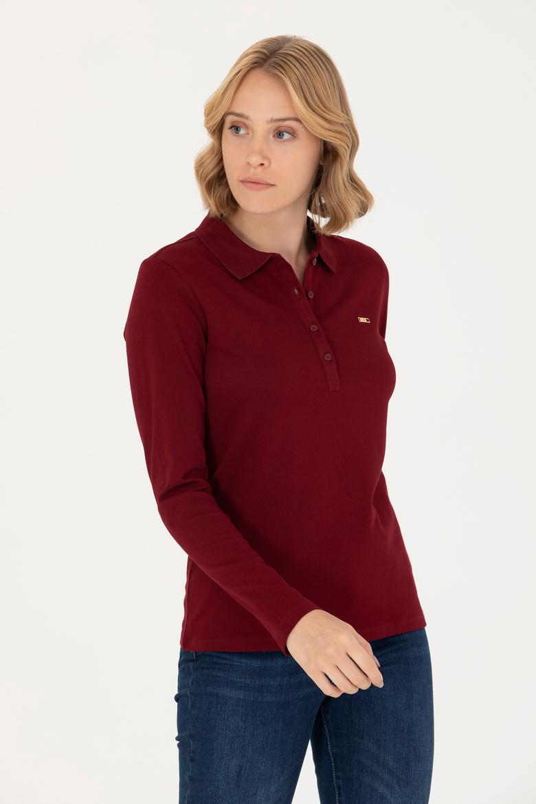 Kadın Bordo Basic Polo Yaka Sweatshirt