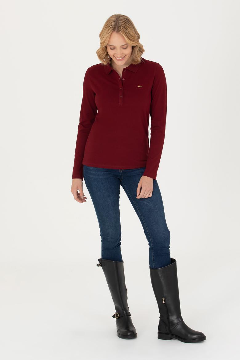 Kadın Bordo Basic Polo Yaka Sweatshirt - 50276160001