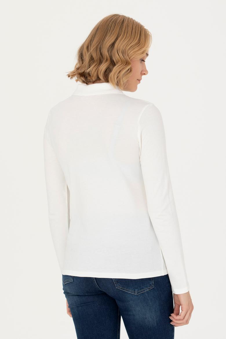 Kadın Ekru Basic Polo Yaka Sweatshirt - 50276160062