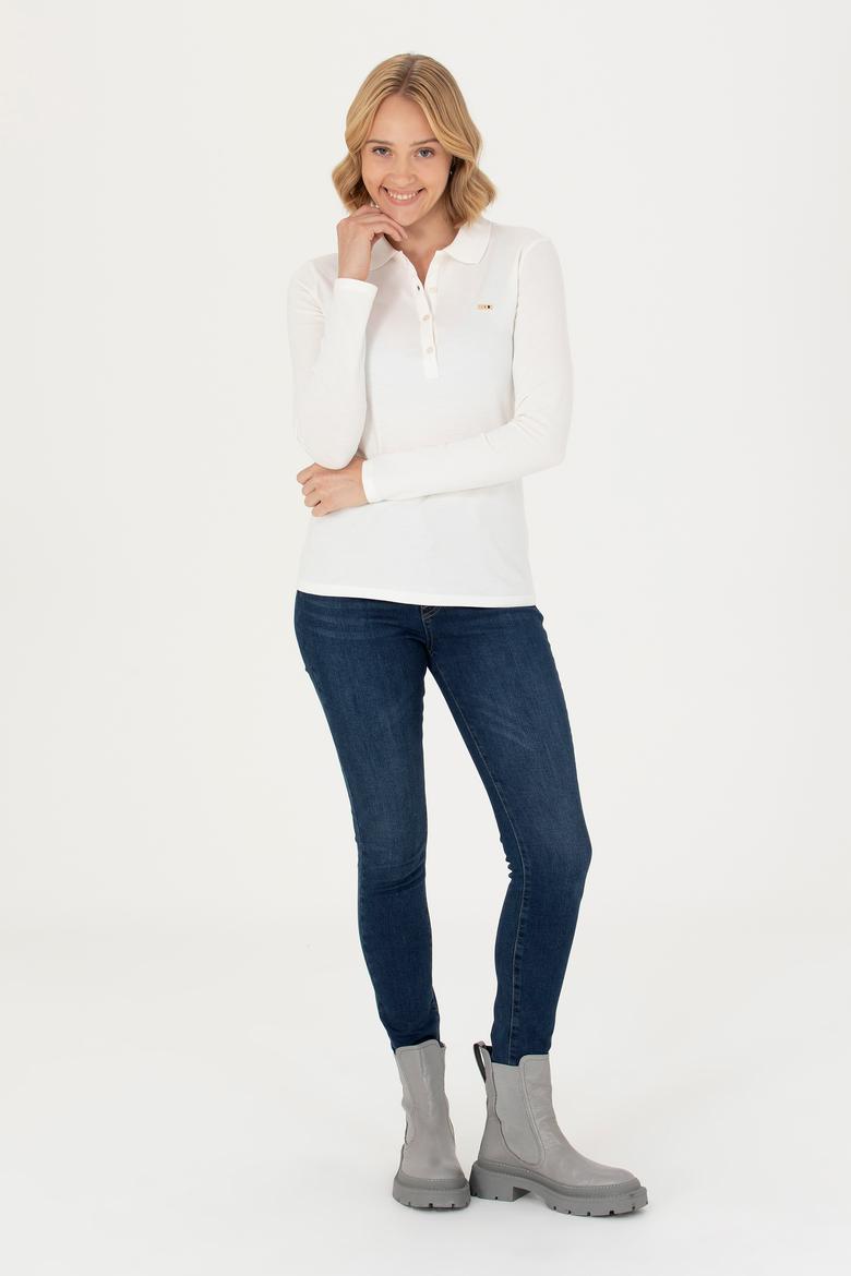 Kadın Ekru Basic Polo Yaka Sweatshirt - 50276160062