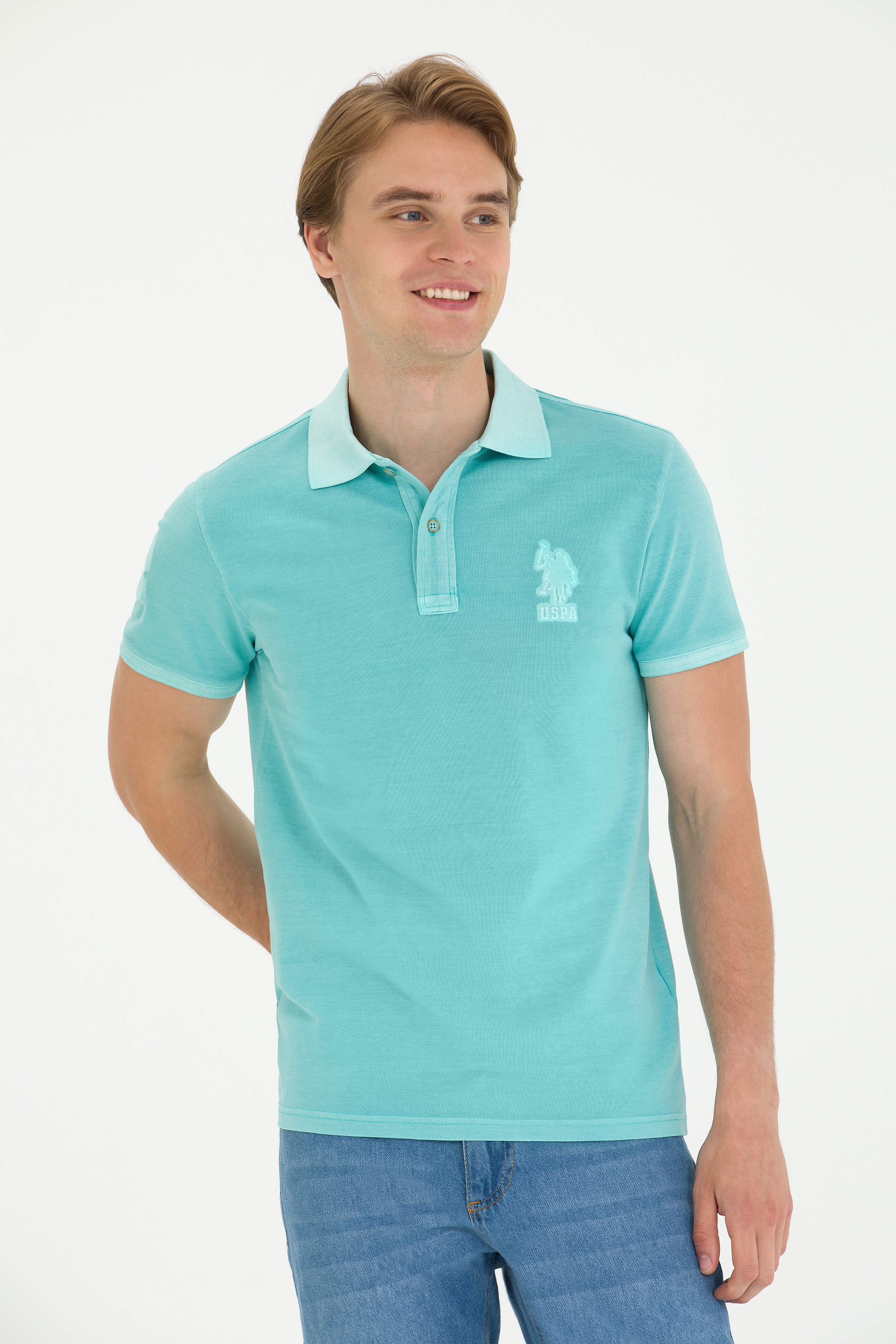 Erkek Slim Fit Polo Yaka Mint Basic Tişört - Image 1