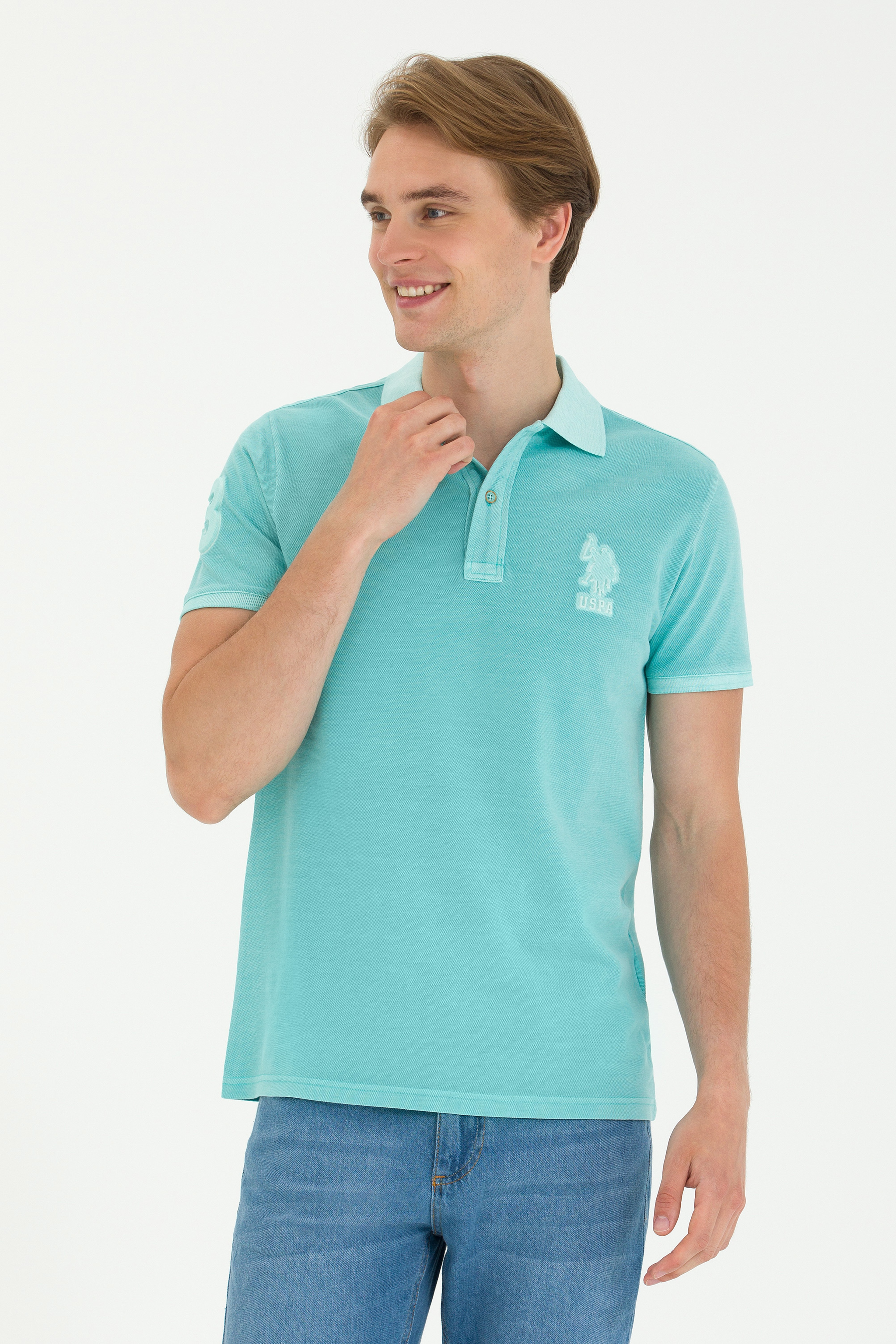 Erkek Slim Fit Polo Yaka Mint Basic Tişört