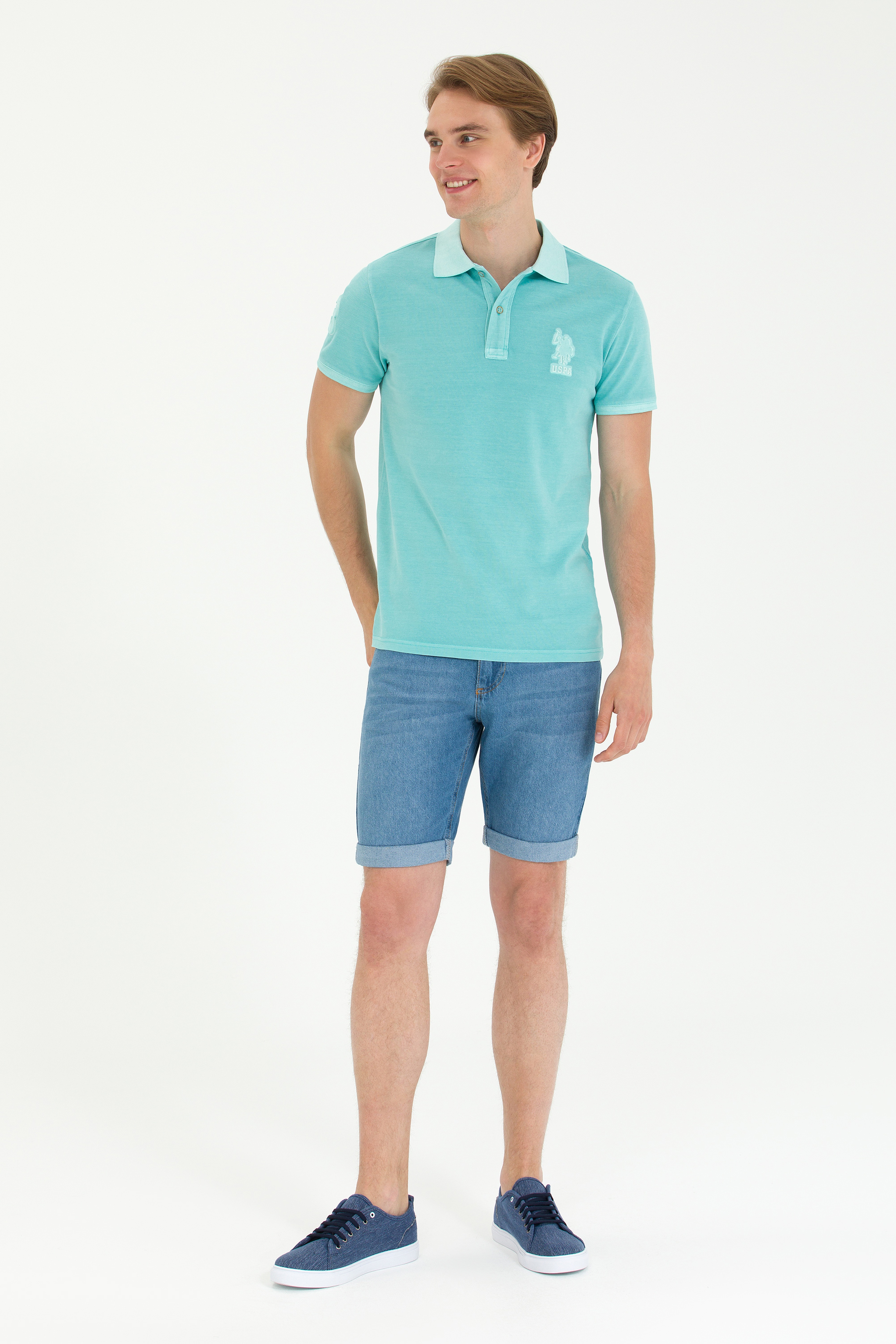 Erkek Slim Fit Polo Yaka Mint Basic Tişört