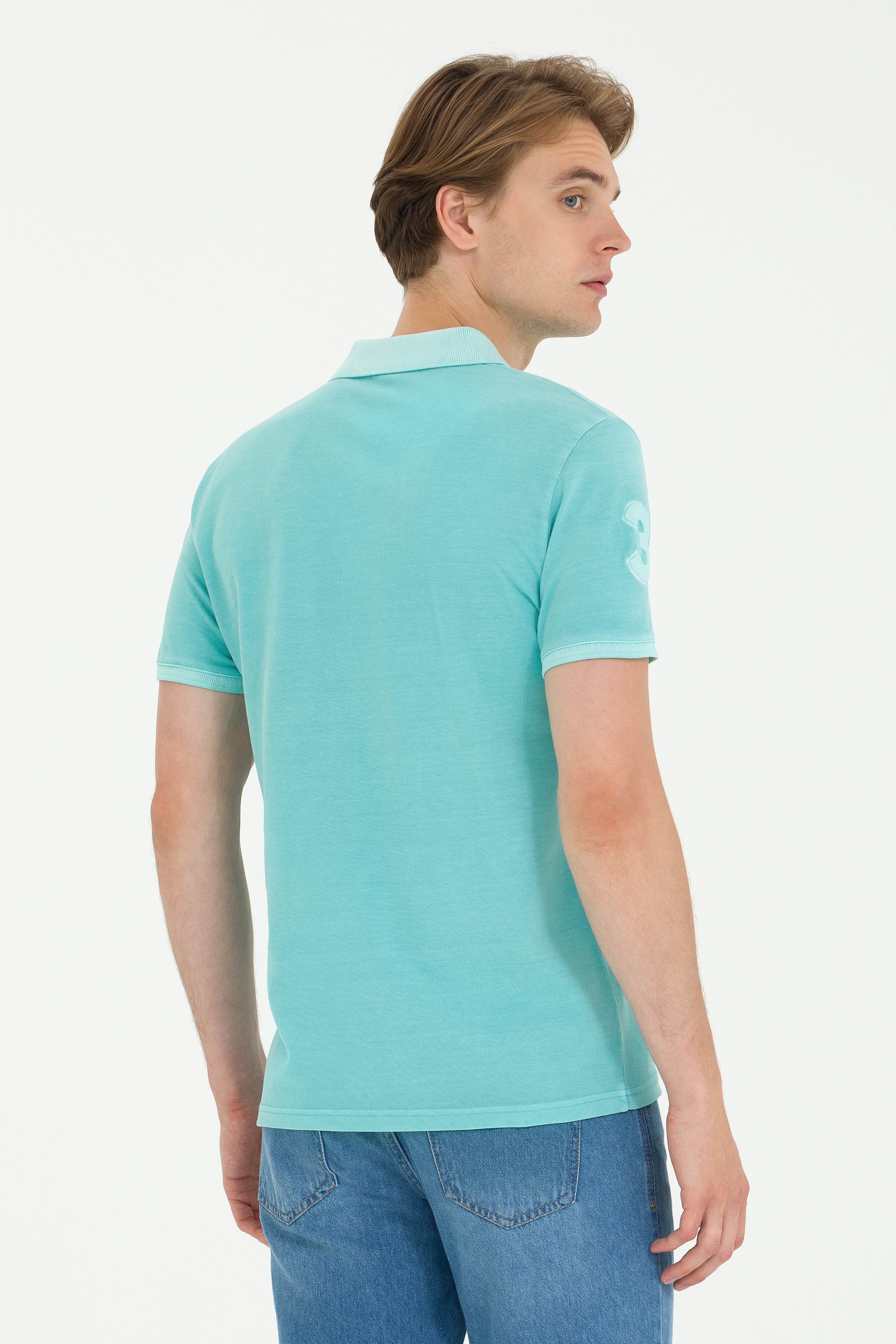 Erkek Slim Fit Polo Yaka Mint Basic Tişört - Image 5