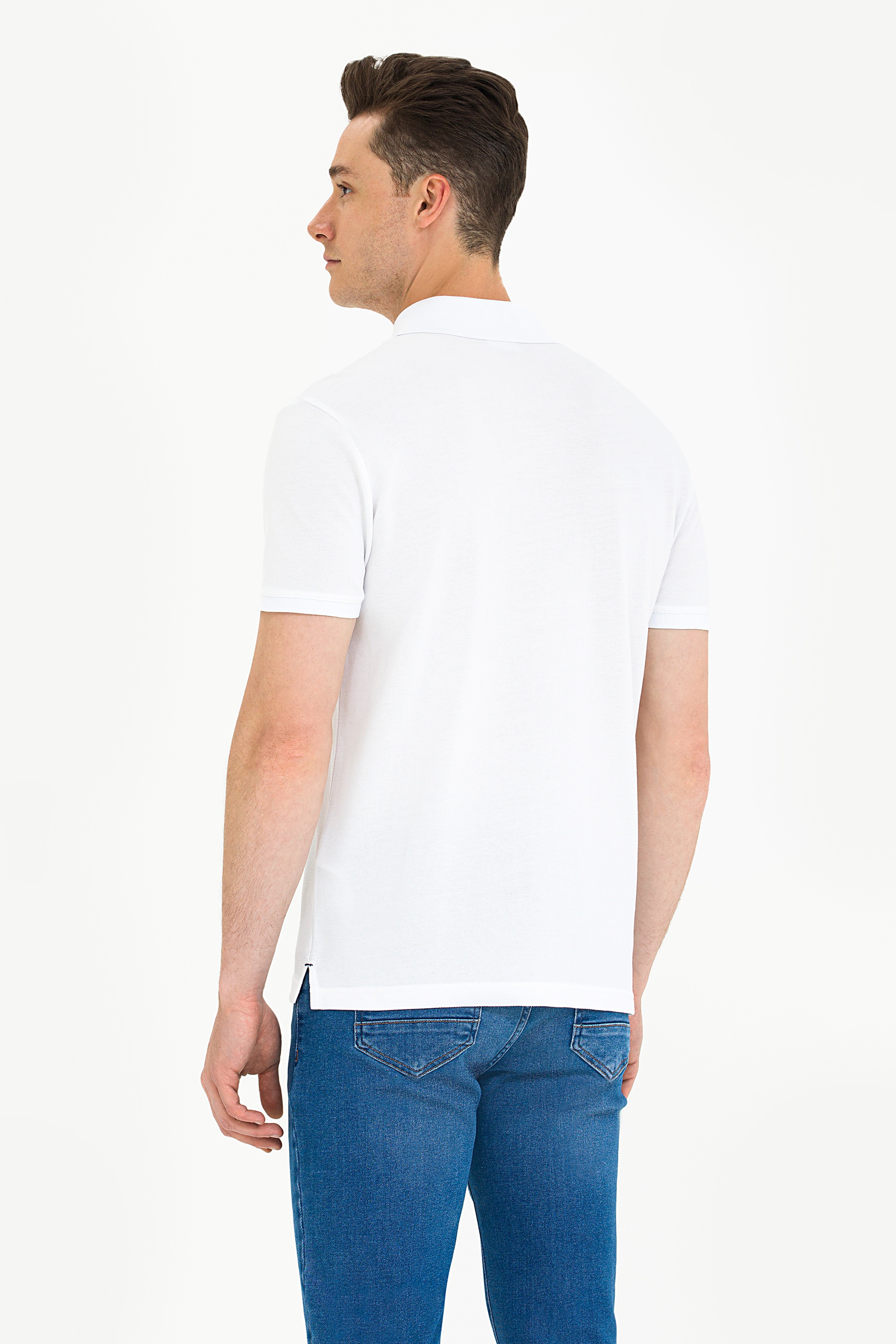 Erkek Beyaz Basic Polo Yaka Tişört - Image 5