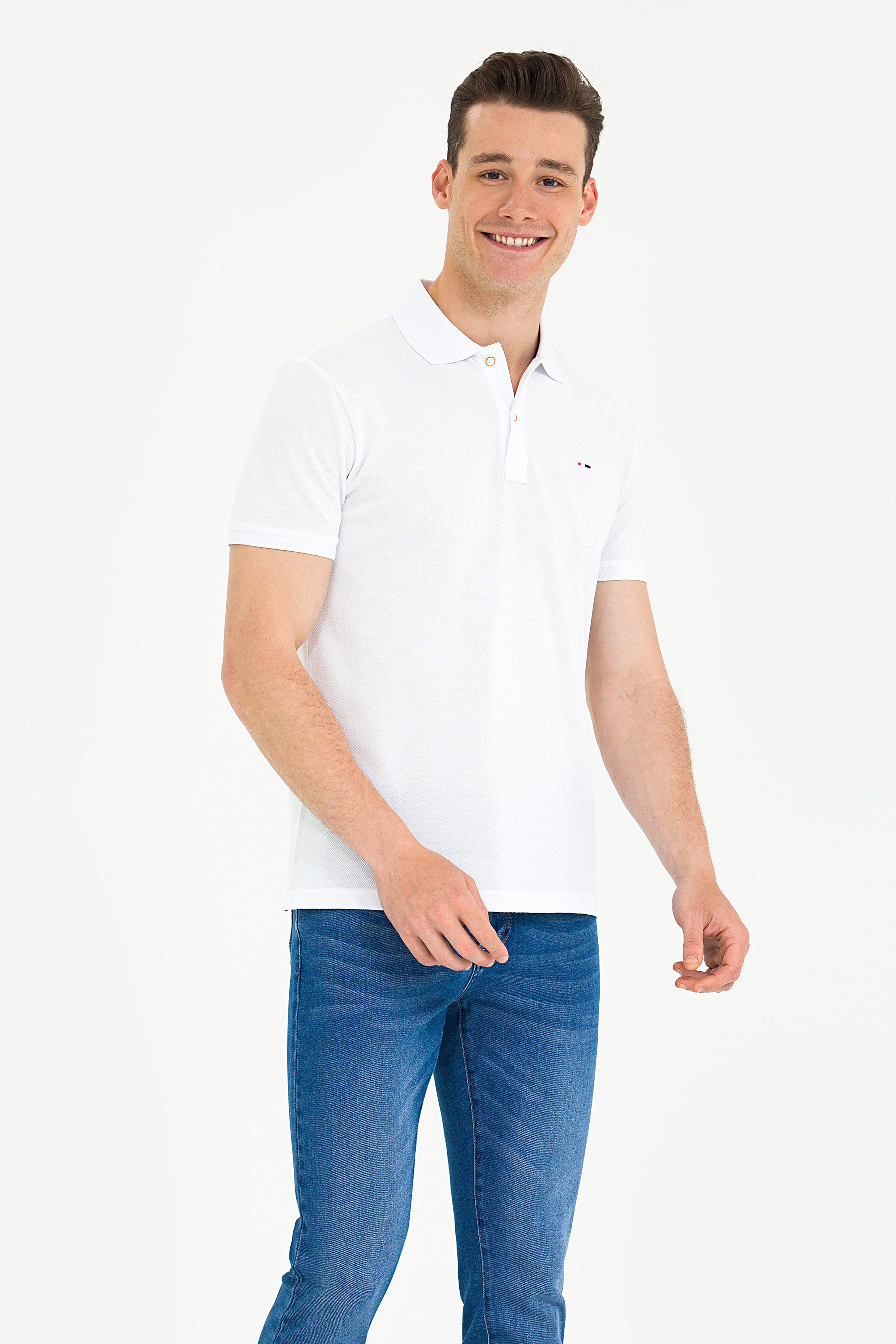 Erkek Beyaz Basic Polo Yaka Tişört - Image 3