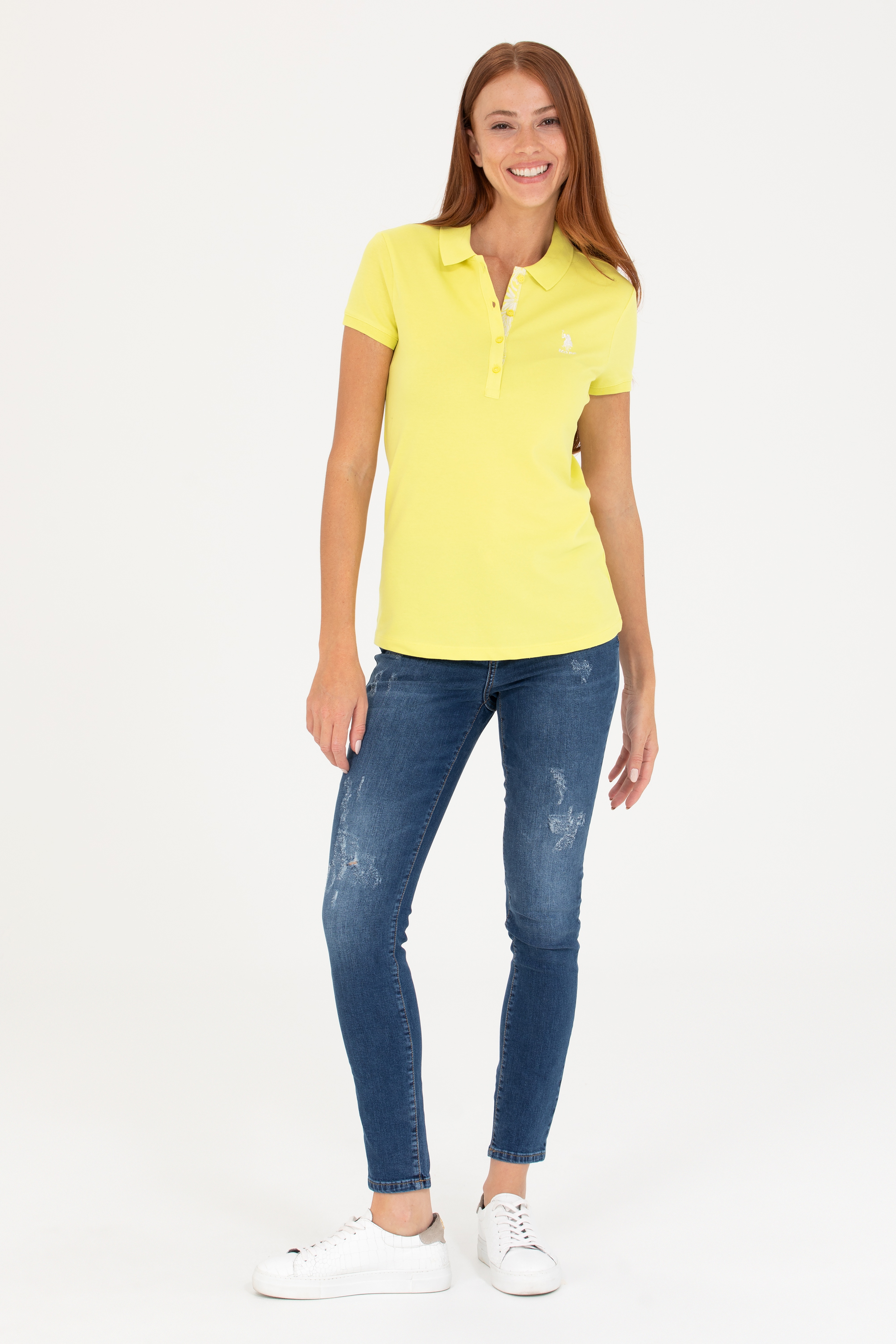 Kadın Neon Sarı Basic Polo Yaka Tişört - Image 4