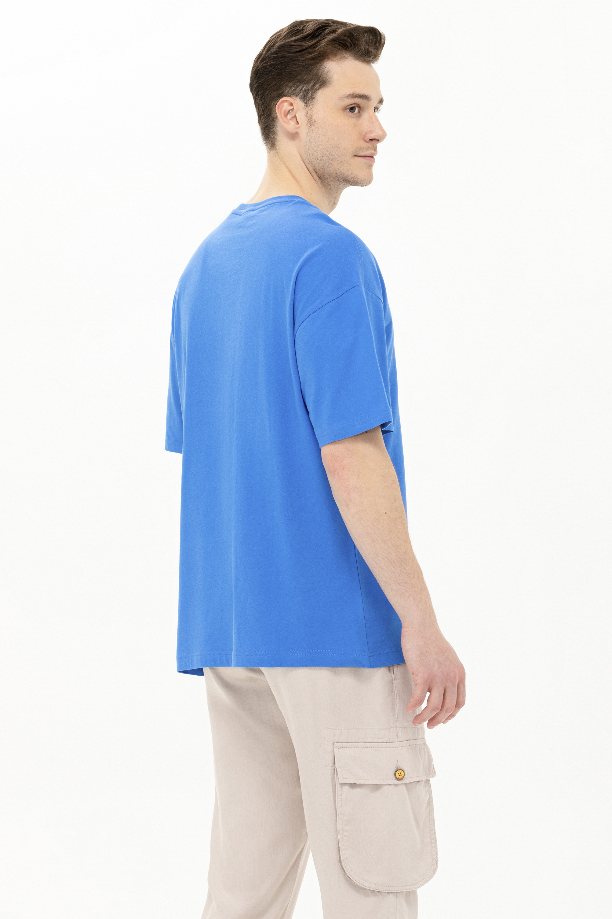 Erkek Saks Oversize Bisiklet Yaka Tişört - Image 5