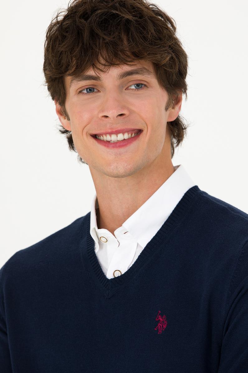 Erkek Lacivert V Yaka Kazak