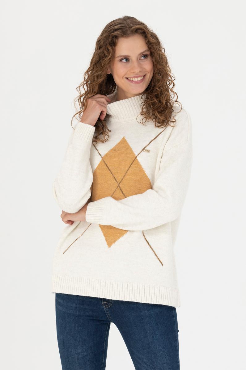 Kadın Krem Balıkçı Yaka Kazak