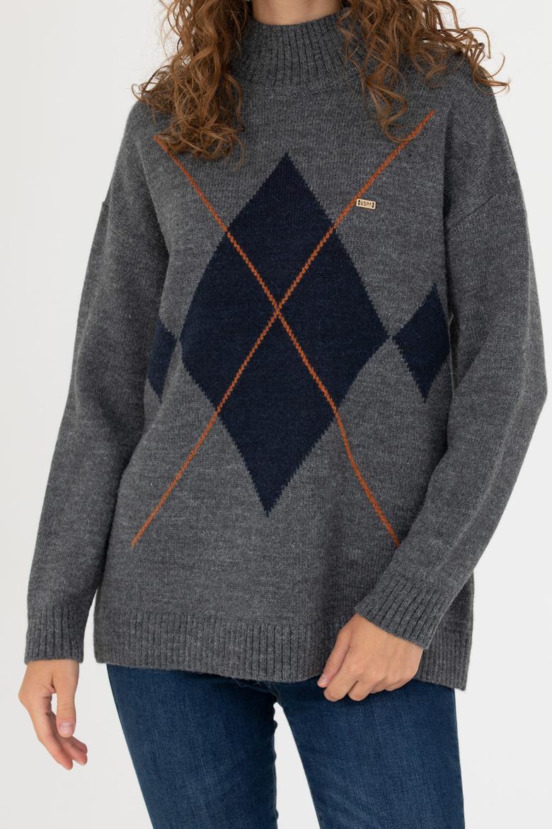 Kadın Gri Melanj Balıkçı Yaka Kazak - 50272038015