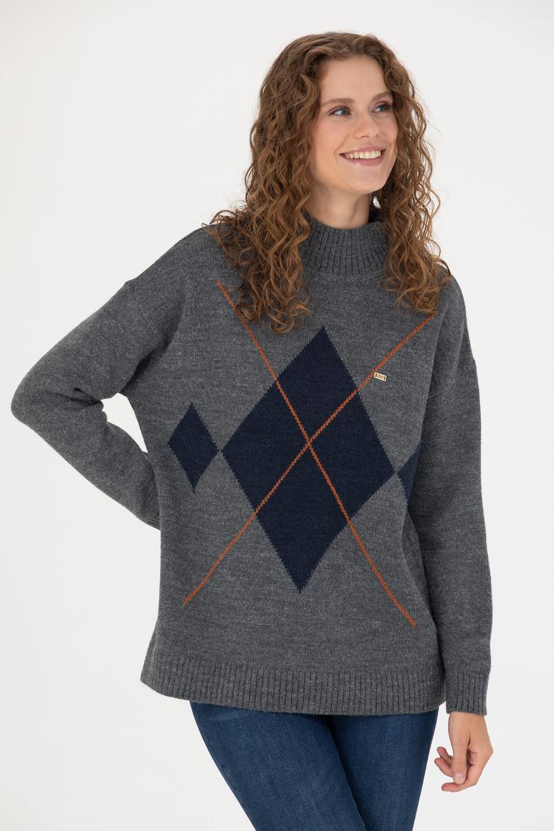 Kadın Gri Melanj Balıkçı Yaka Kazak - 50272038015