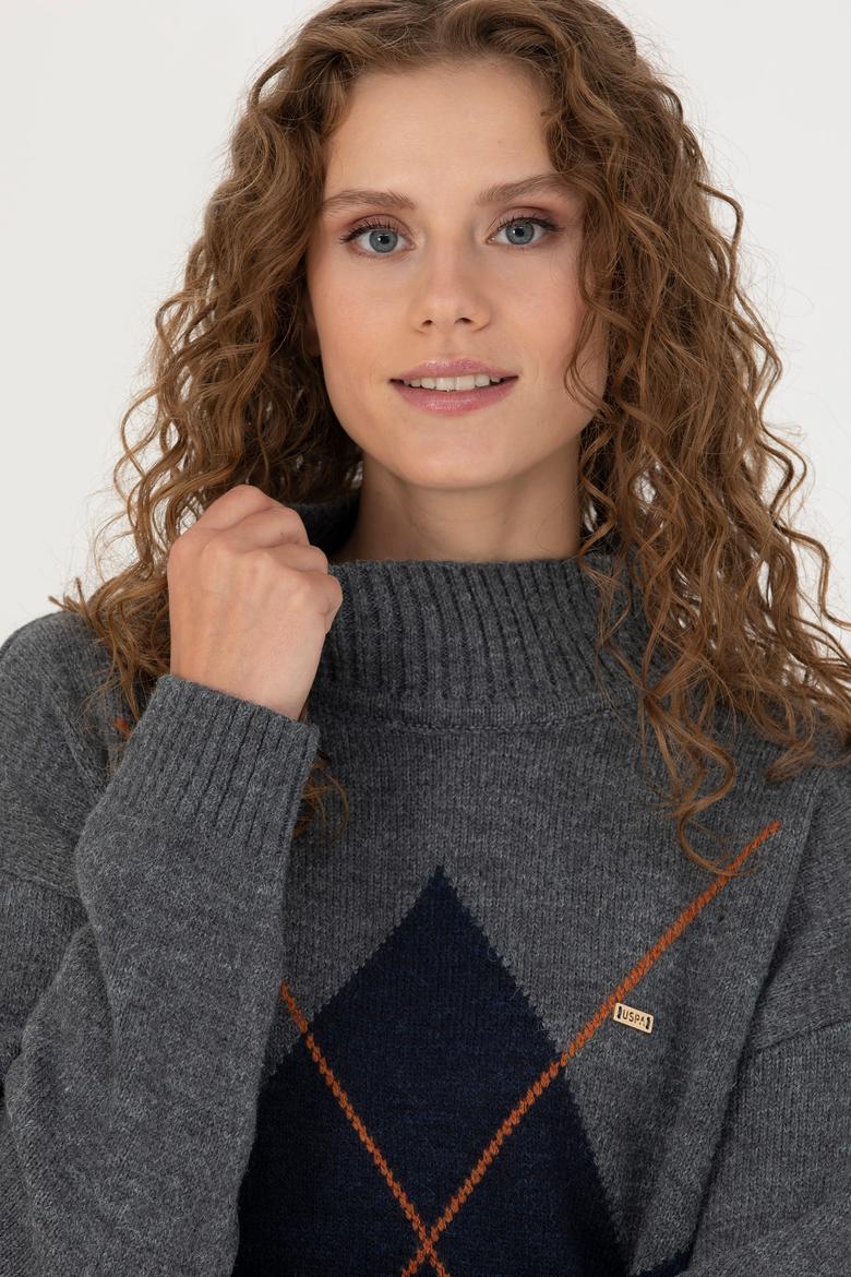 Kadın Gri Melanj Balıkçı Yaka Kazak - 50272038015