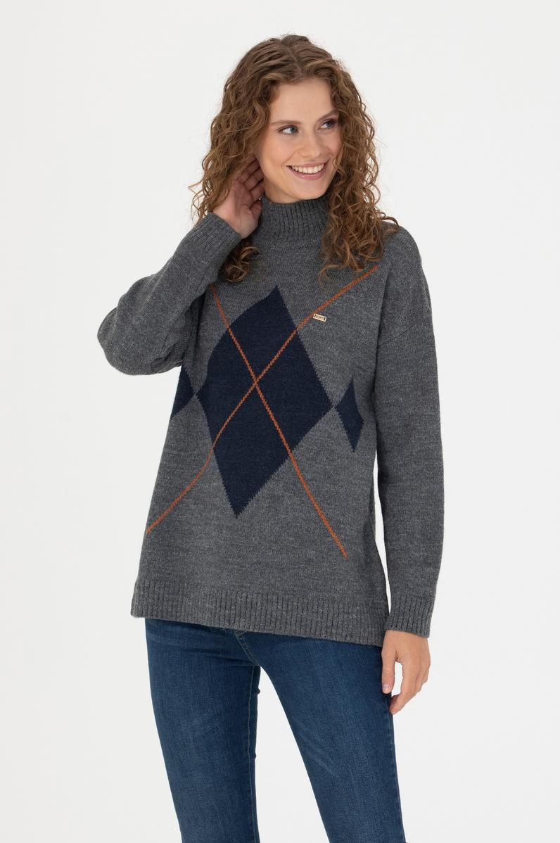 Kadın Gri Melanj Balıkçı Yaka Kazak