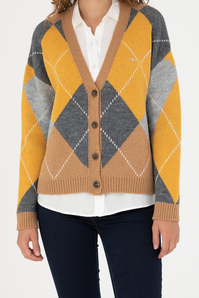 Kadın V Yaka Kum Melanj Triko Hırka - 50269496015