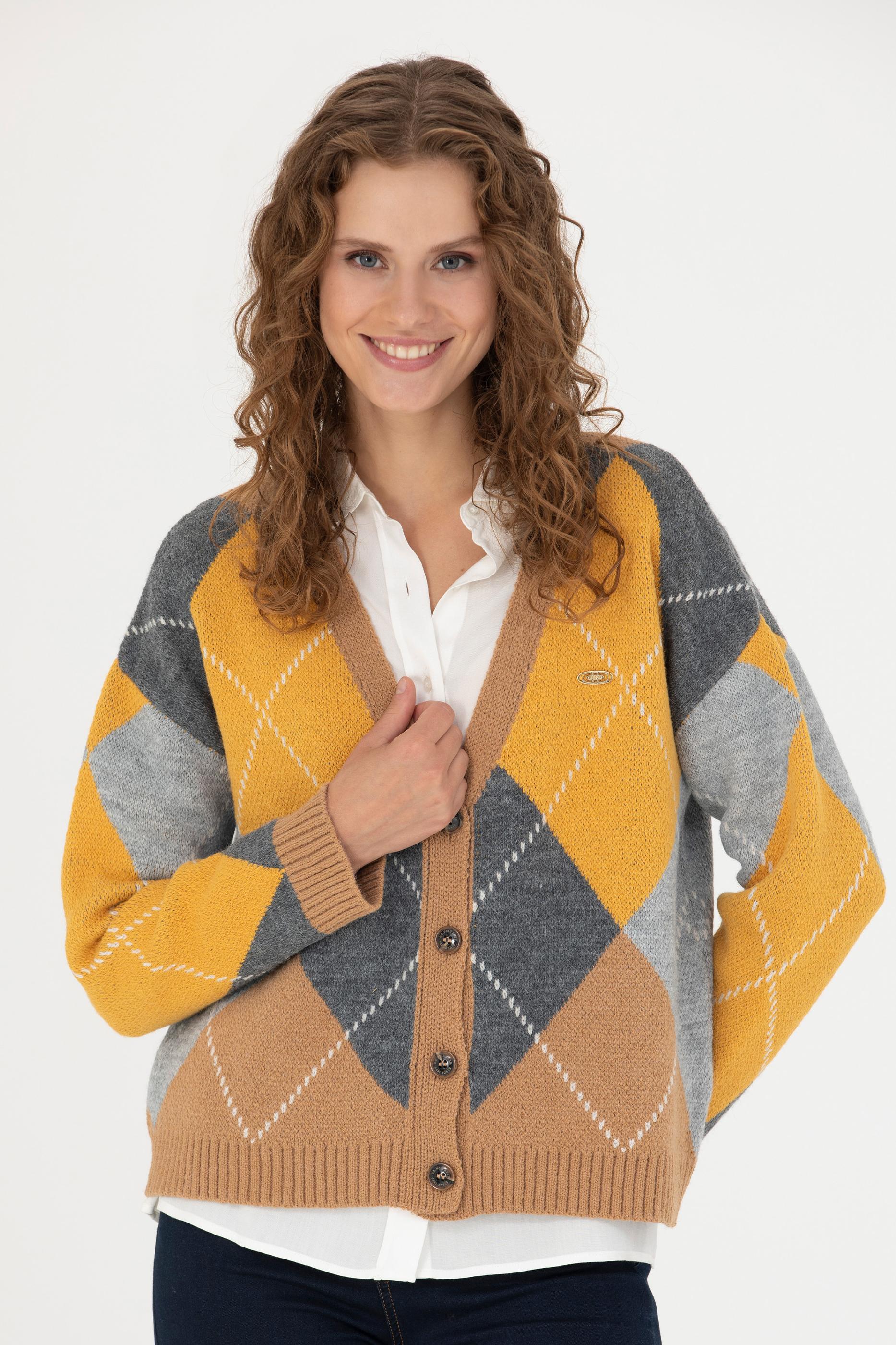 Kadın V Yaka Kum Melanj Triko Hırka